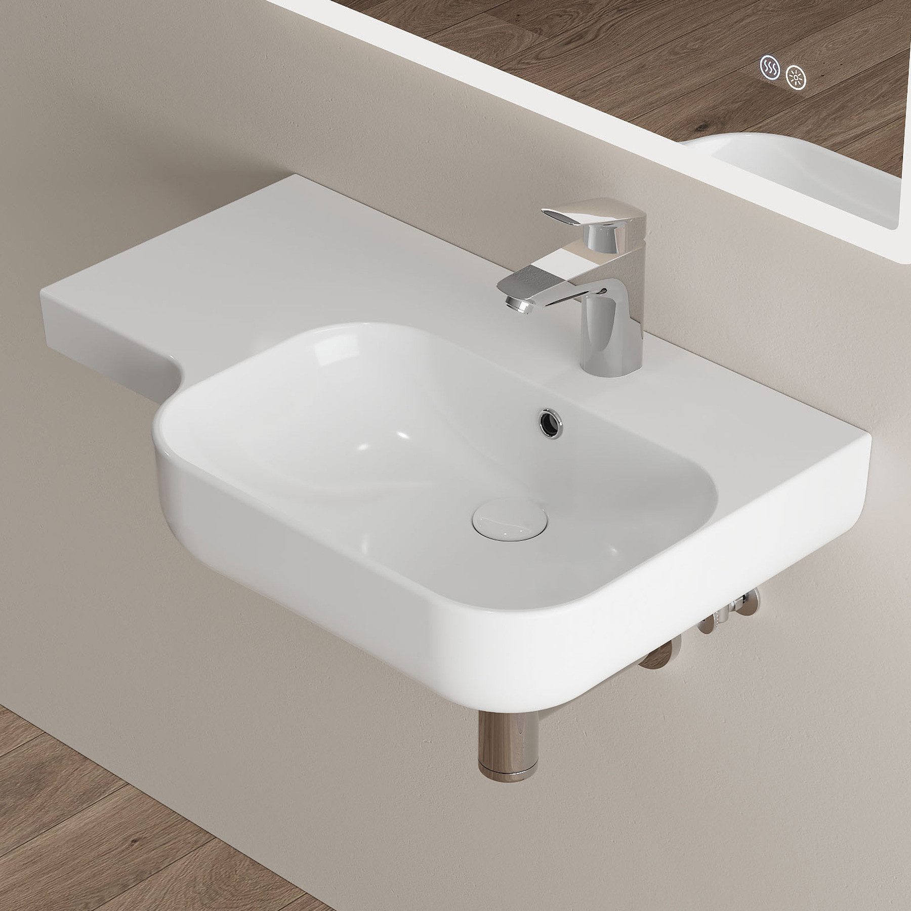 HOROW Waschbecken Aufsatzwaschbecken Hängewaschbecken Wandmontage Keramik 46*31cm (Waschtisch, mit Hahnloch und Überlauf - 60*42cm Weiß)