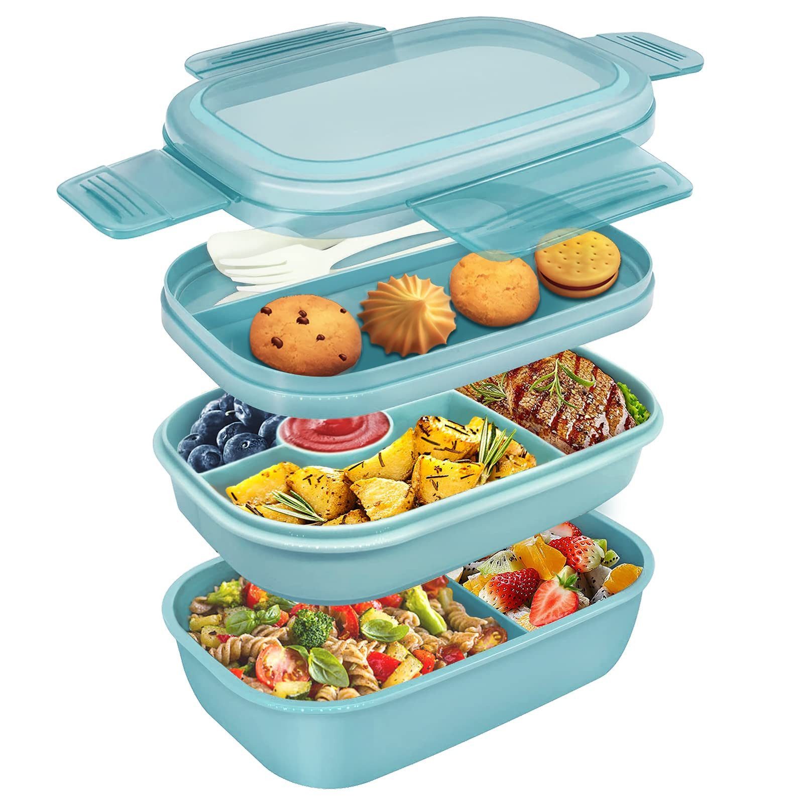 AURIVION Lunchbox Bento Lunchbox 1900ml mit Fächern & Besteck für Kinder & Erwachsene, Silikon, (Set, 4-tlg., 3-Schichten Brotdose mit Obstfach, auslaufsichere Salatbox), Lunchbox mit Cutlery, ideal für Schule, Arbeit & Reisen
