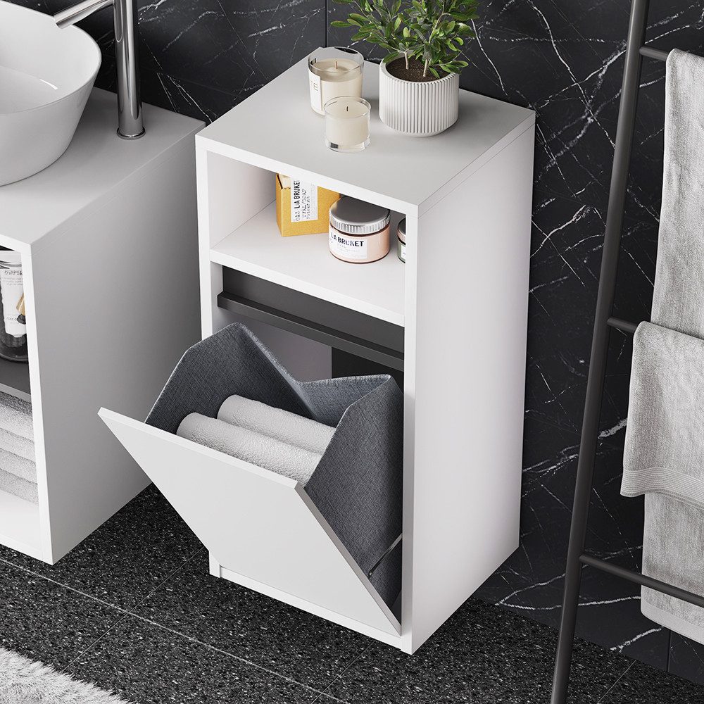 Wäscheschrank Viola, Weiß/Grau, 38 x 80 cm mit Wäschkorb