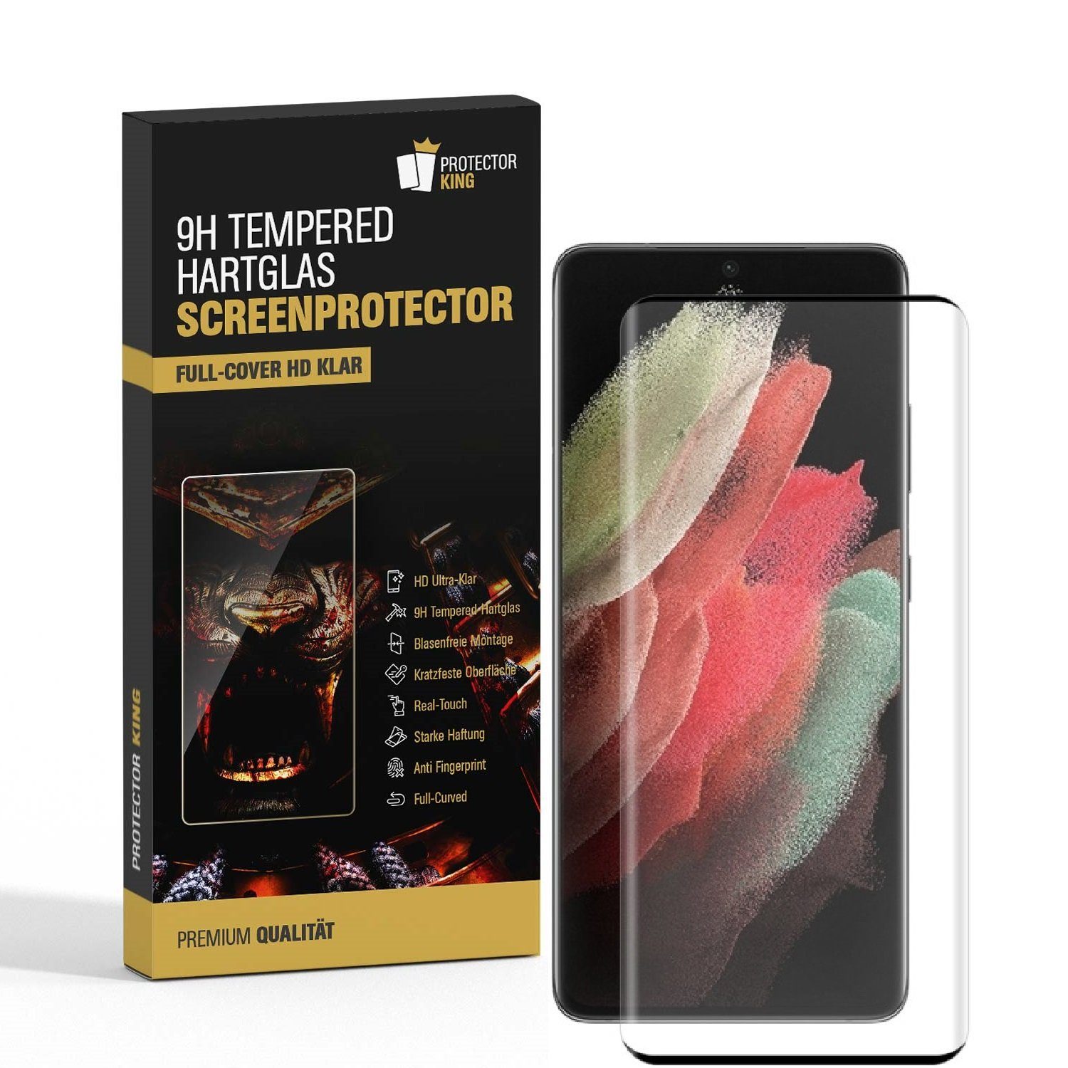 Protectorking Schutzfolie 1x 9H Panzerglas für Samsung Galaxy S21 Ultra FULL CURVED Displayschut, (1-Stück), Displayschutzglas, Schutzglas Echtglas Tempered 9H Härte HD-KLAR