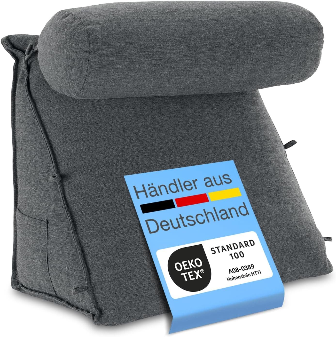 ELONEO Rückenkissen mit Nackenrolle für Bett & Sofa, 55x50x30cm, waschbarer Bezug