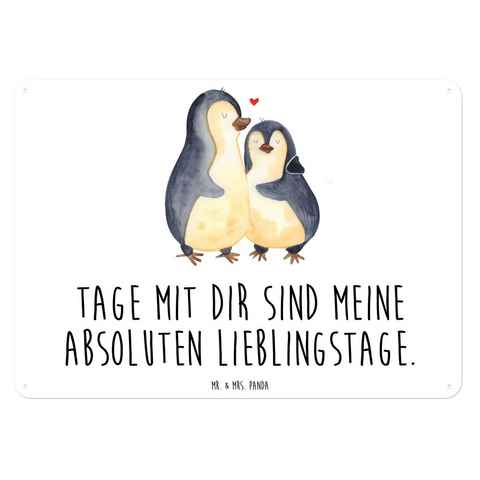 Mr. & Mrs. Panda Metallschild DIN A6 Pinguin umarmen - Weiß - Geschenk, Umarmung verliebt, Liebesbe, (1 St)