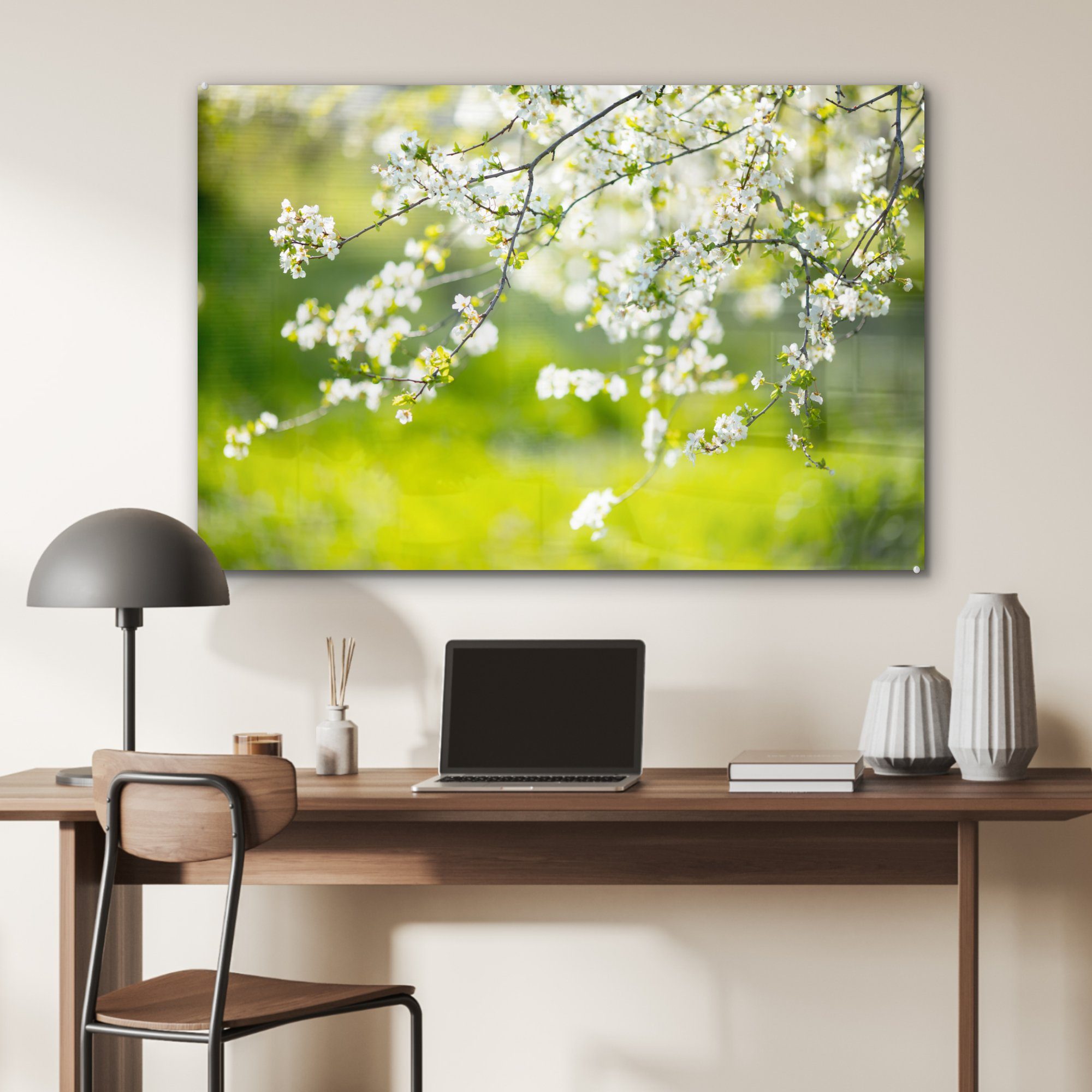 Acrylglasbild Wohnzimmer (1 Weiß, - Schlafzimmer - St), & Acrylglasbilder Blüte Frühling MuchoWow