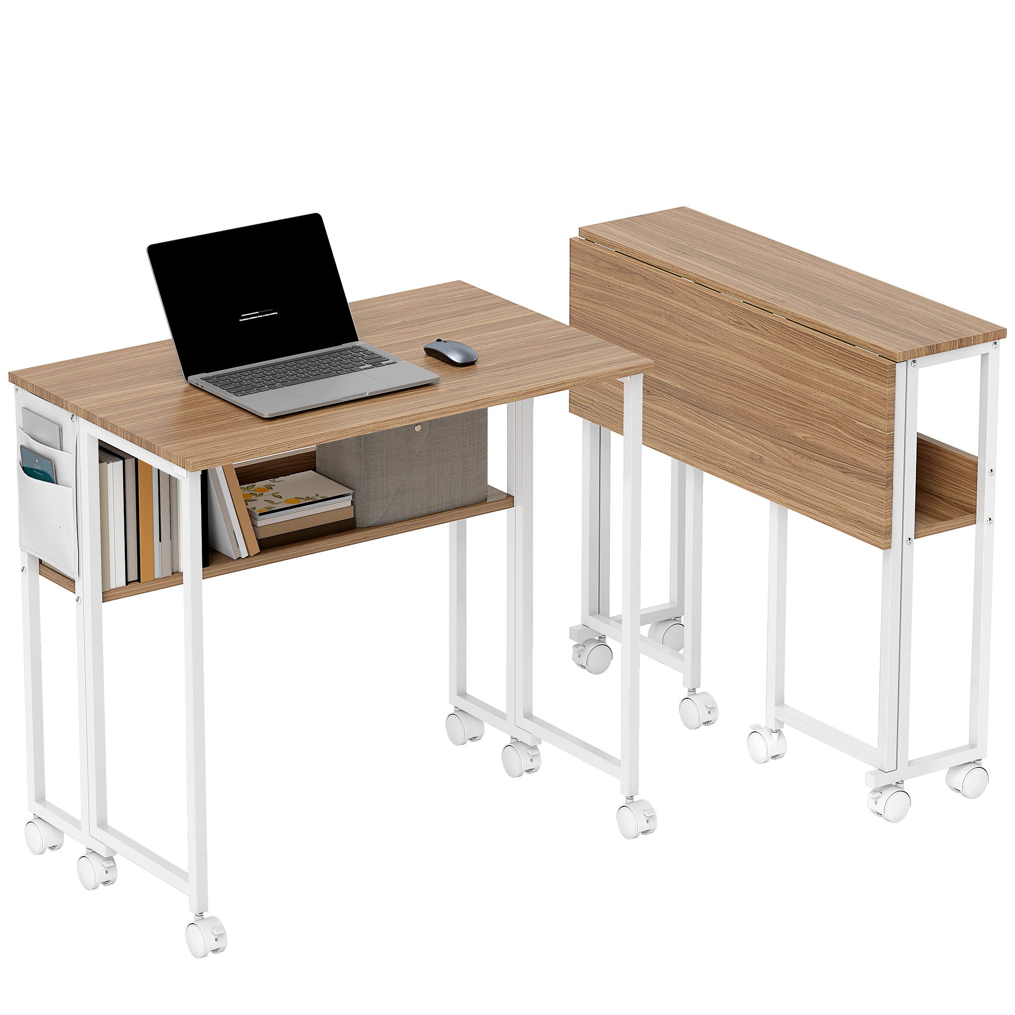 HOMCOM Schreibtisch klappbarer (Klappschreibtisch, 1-St., Platzsparend Computertisch), mit Regal, Aufbewahrungstasche, für Home Office, Natur