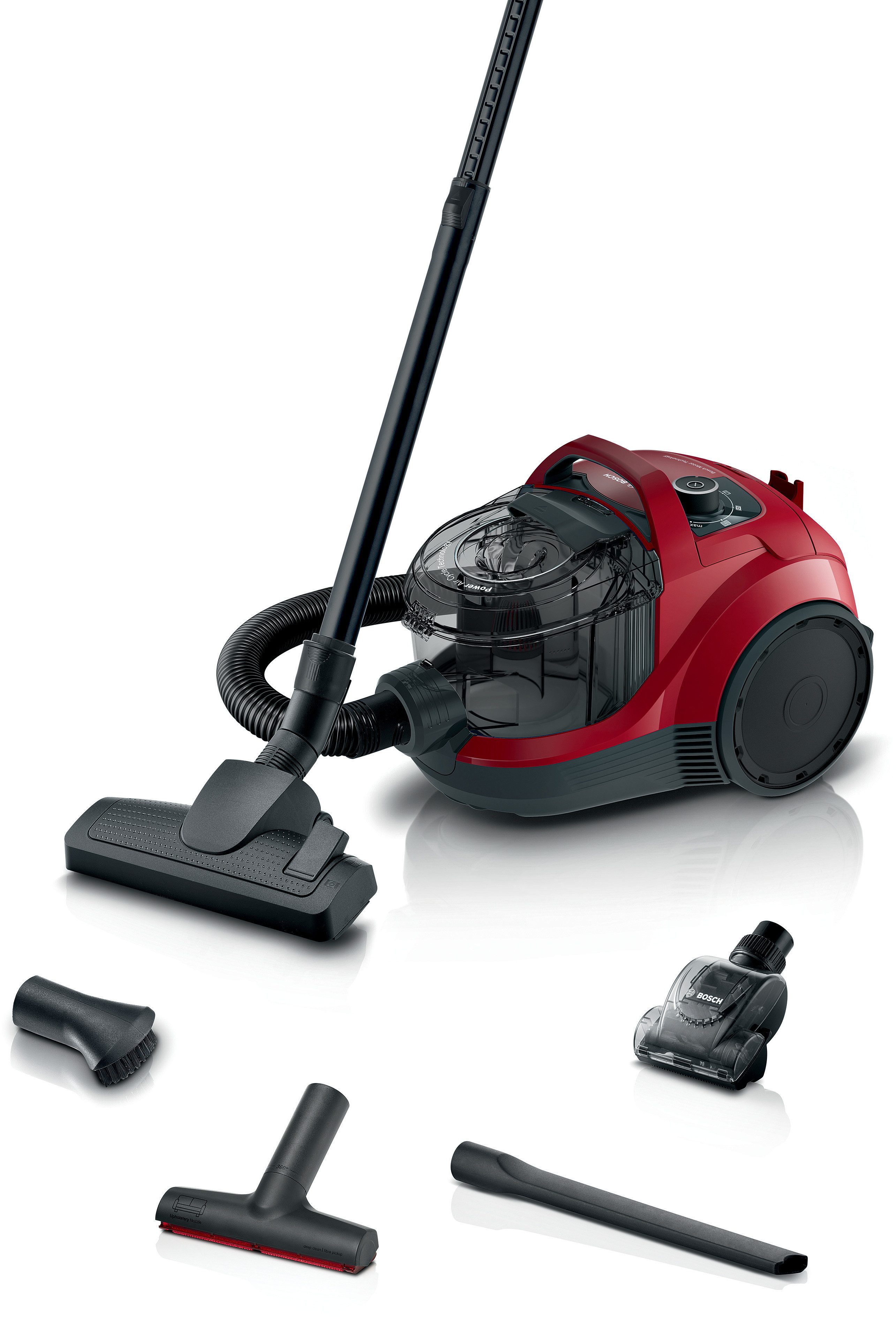 BOSCH Bodenstaubsauger Serie 4 BGS21CAR, Hygiene-Filter, XXL-Polsterdüse, XXL-Fugendüse, 750 W, beutellos, 10 J. Motorgarantie, ideal zur Fahrzeug-Innenreinigung, kompakt, rot