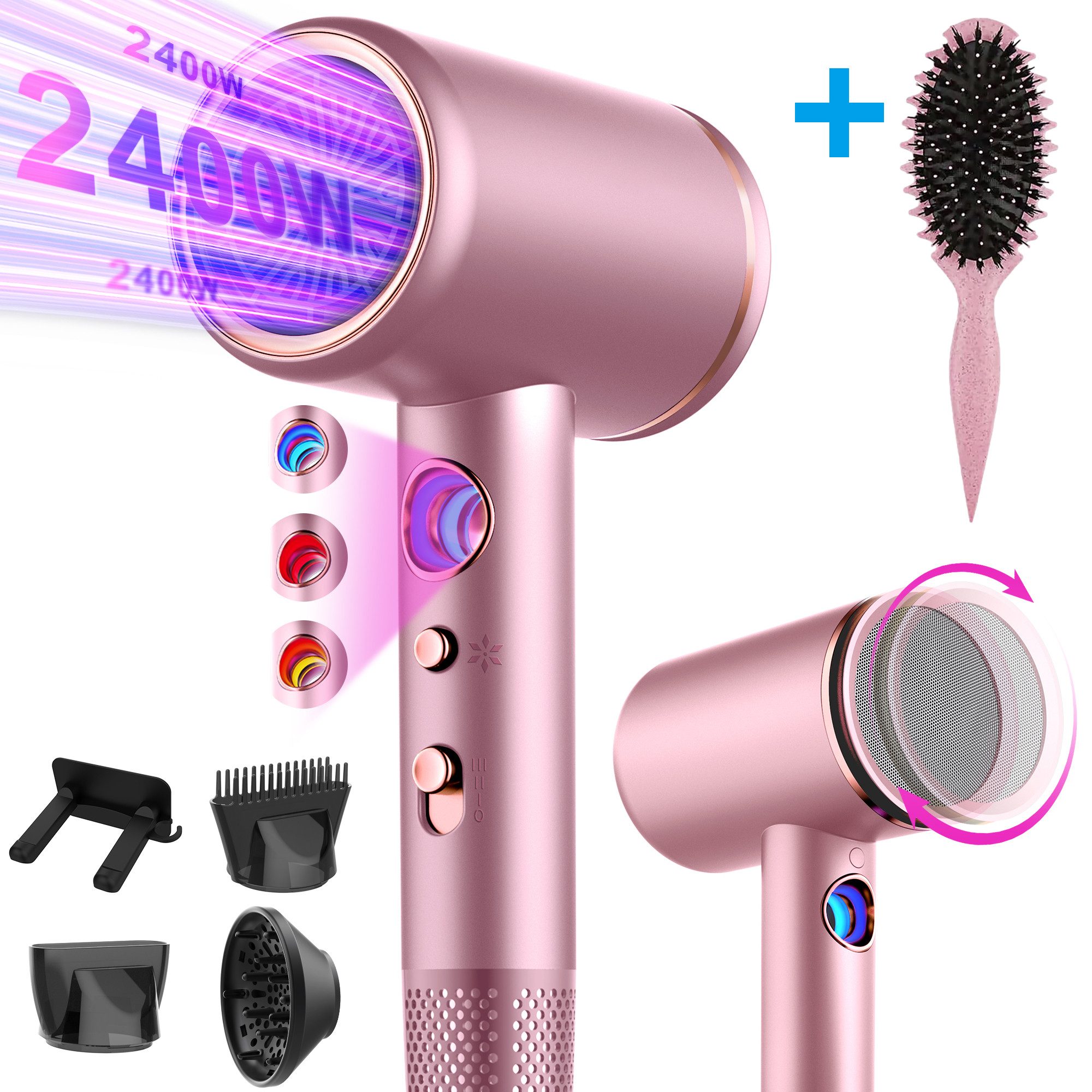 Forrlite Haartrockner 2026 Neues Haartrockner,Föhn Ionen mit Diffusor 2400W AC Motor, 2400 W, 3 Stylingdüsen Professional Ionen Haartrockner Haartrockner, Haartrockner 2400W, Professioneller Haarföhn mit 3 Hitze-Einstellungen