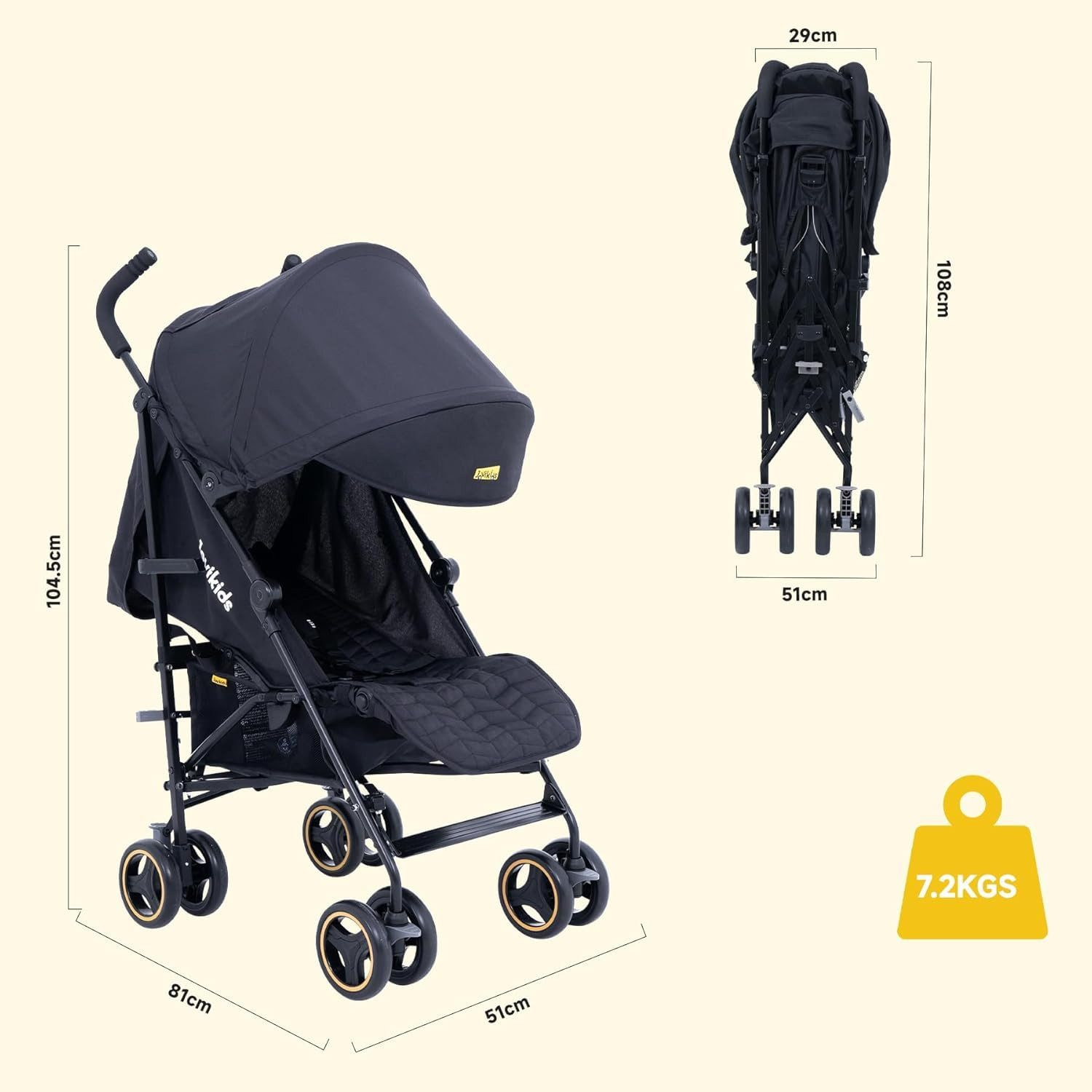ibettertec Sport-Kinderwagen Buggy Klein Zusammenklappbar mit Liegefunktion, (Klappbar Reisebuggy bis 22kg Inkl. Sonnenverdeck, Regenverdeck und Getränkehalter)