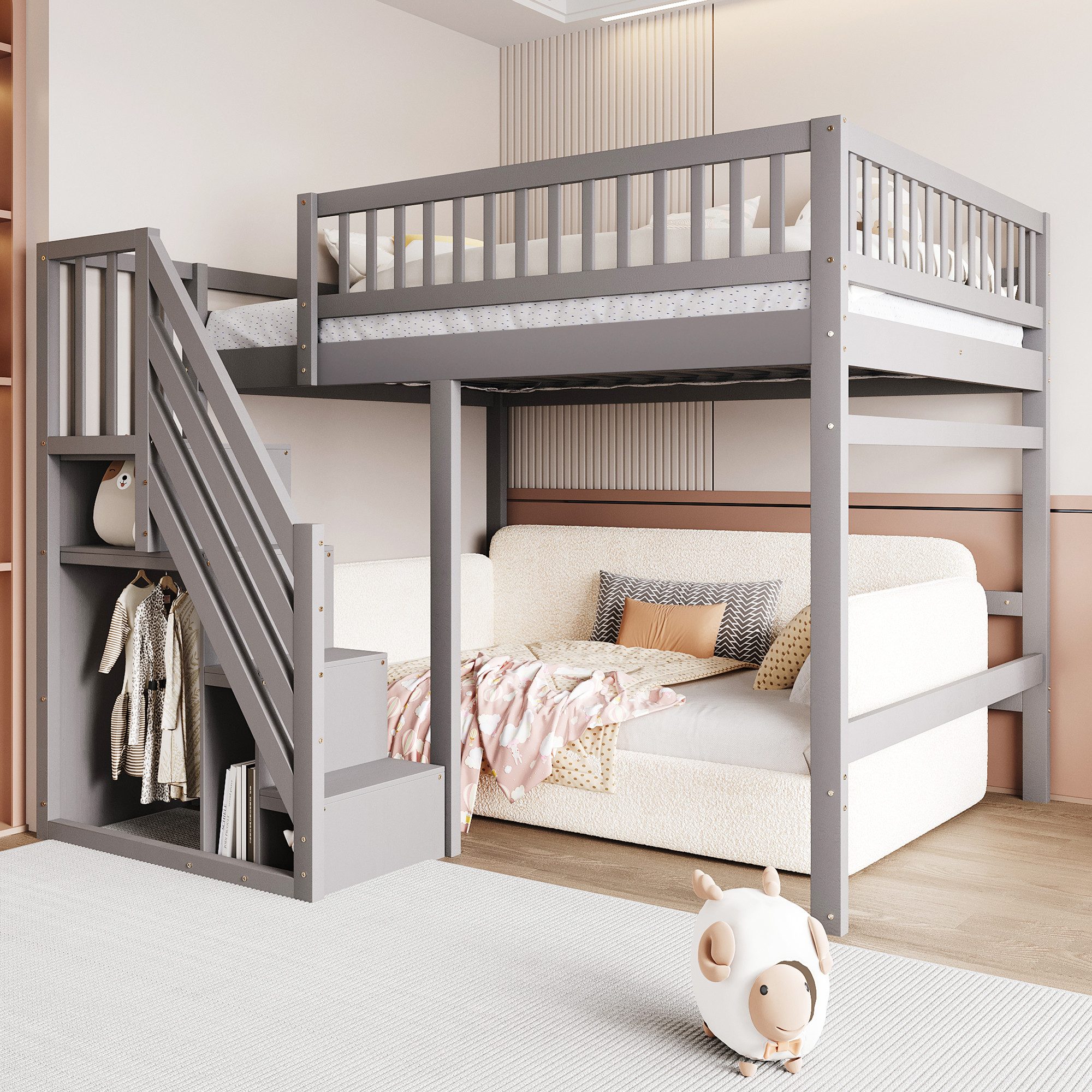 OKWISH Etagenbett Holzbett Kinderbett, Treppe mit Aufbewahrungsschrank (Massivholzbett,mit Stufen-Stauschrank hohem Geländer, 140x200 cm), ohne Matratze
