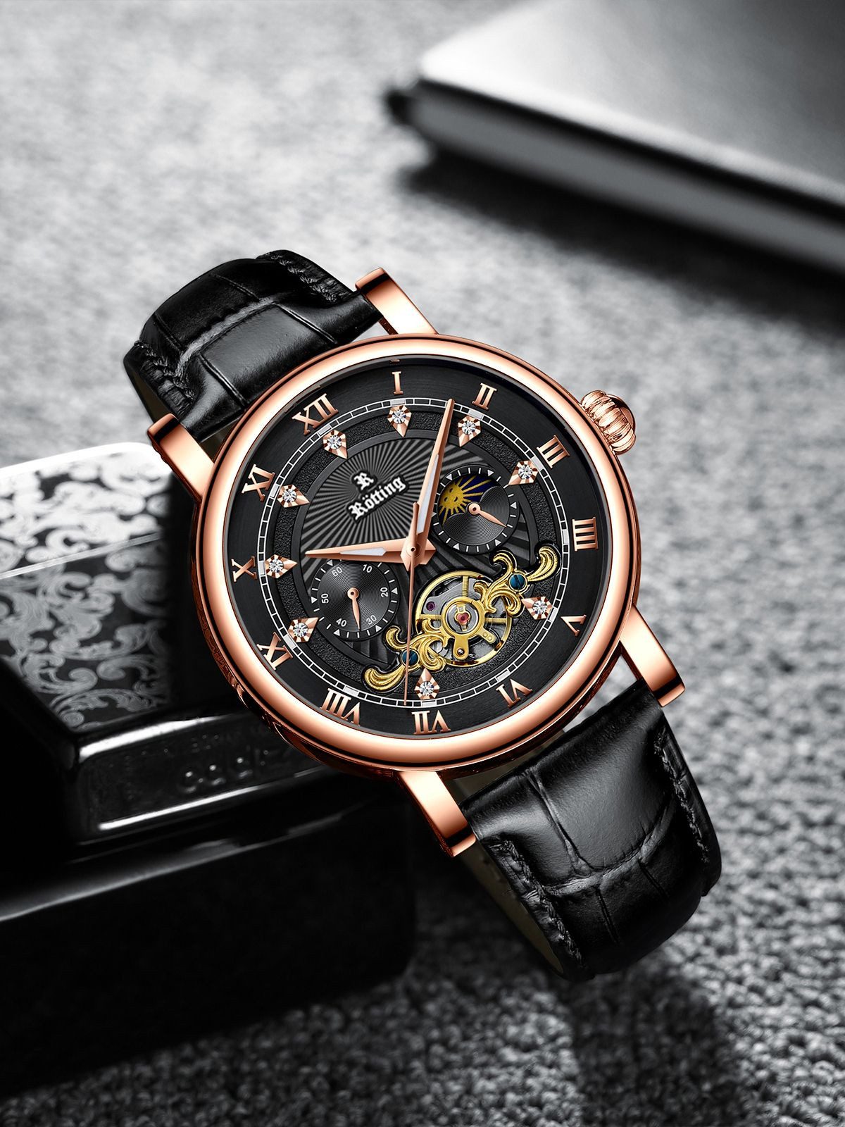 Rötting Design Automatikuhr Herrenuhr Armbanduhr Tag/Nacht Phase schwarzes günstig online kaufen