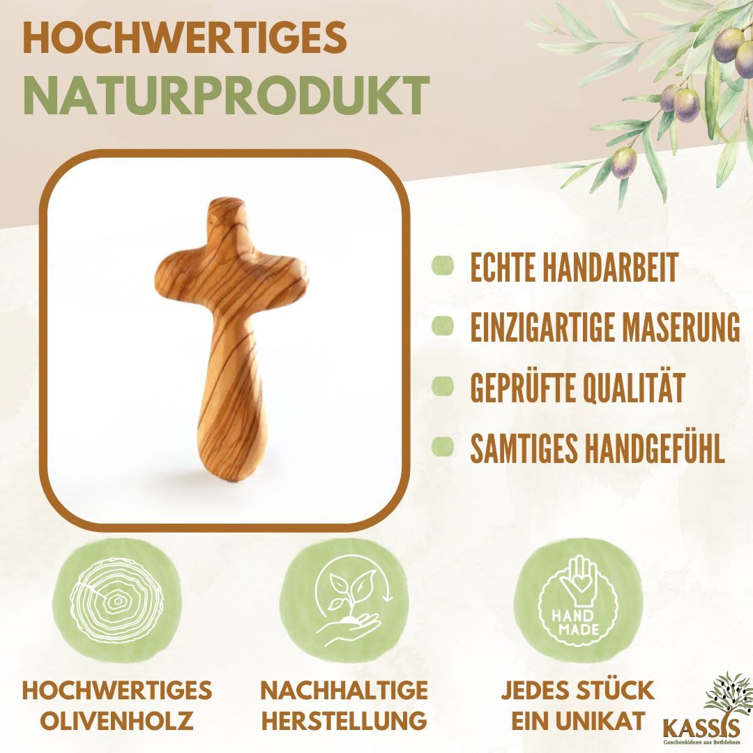 Kassis Geschenkartikel Dekofigur Olivenholz Kreuz Handschmeichler Geschenk zu mehreren Anlässen, Hergestellt in Bethlehem, Ideales Geschenk zu mehreren Anlässen