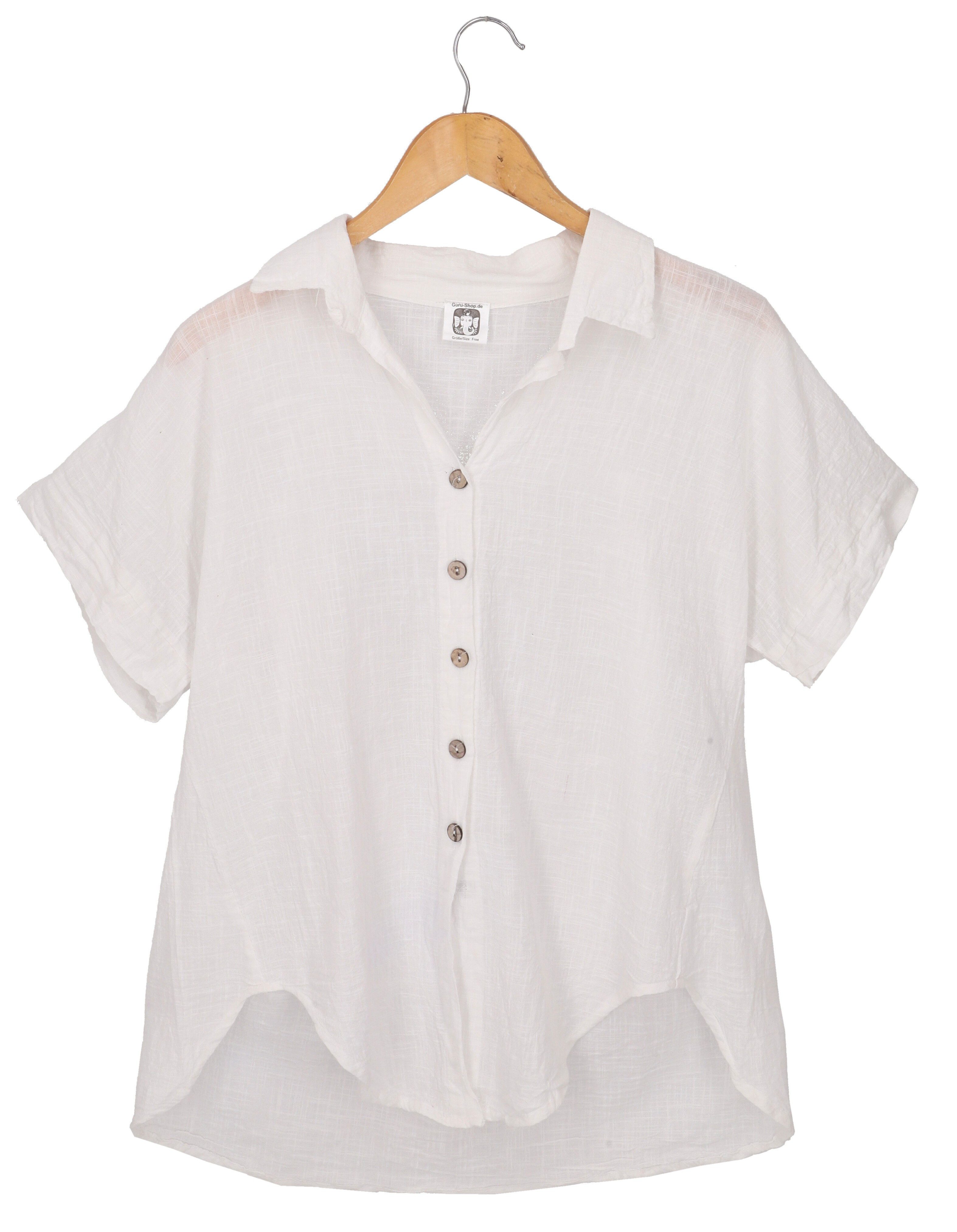 Guru-Shop Longbluse Baumwollbluse mit Kokosknöpfen - weiß alternative Bekleidung