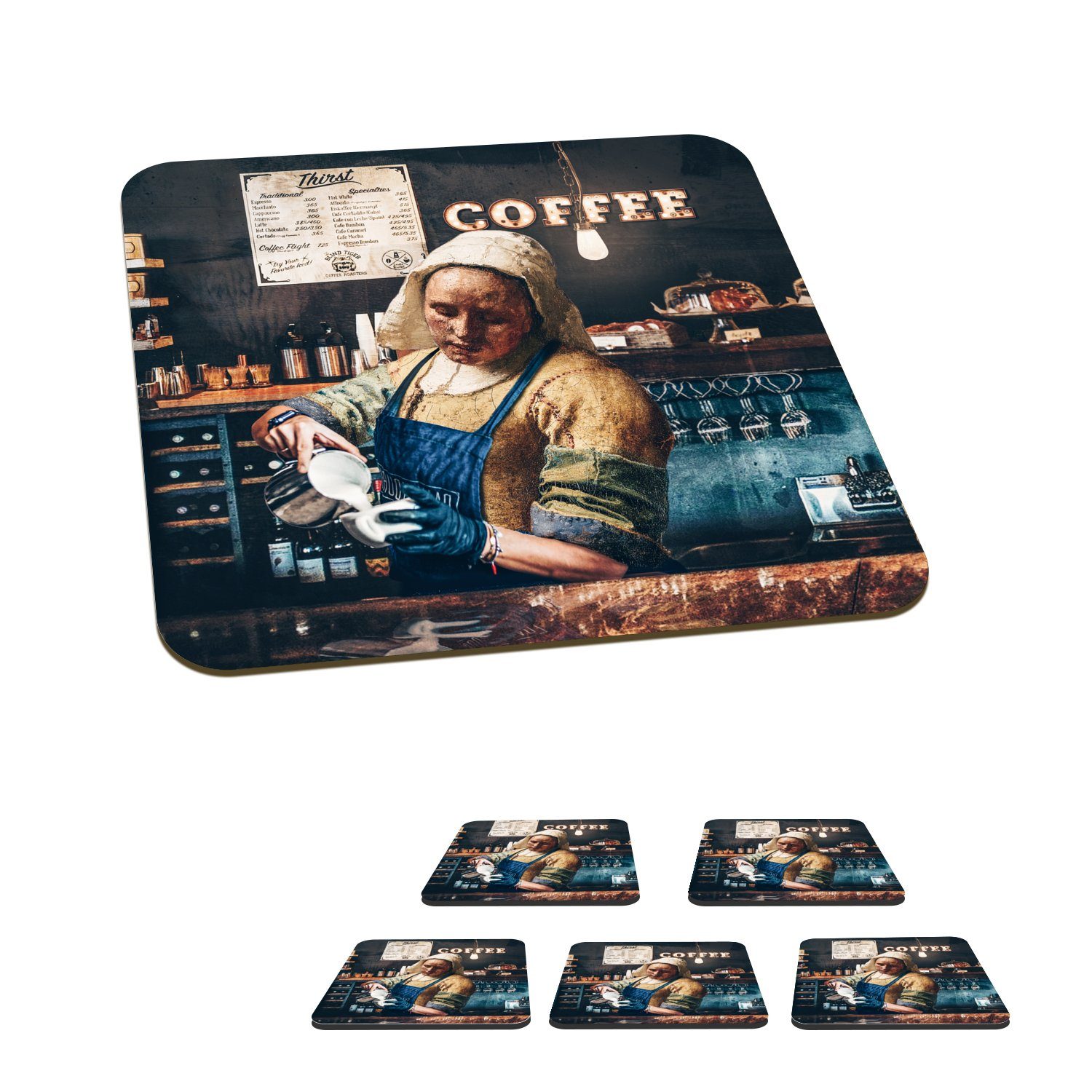 MuchoWow Glasuntersetzer Milchmädchen - Barista - Cappuccino - Vermeer - Kaffee - Kunst _ Maler, Zubehör für Gläser, 6-tlg., Tassenuntersetzer Kork, Quadrat, Untersetzer Set Gläser, 10x10 cm