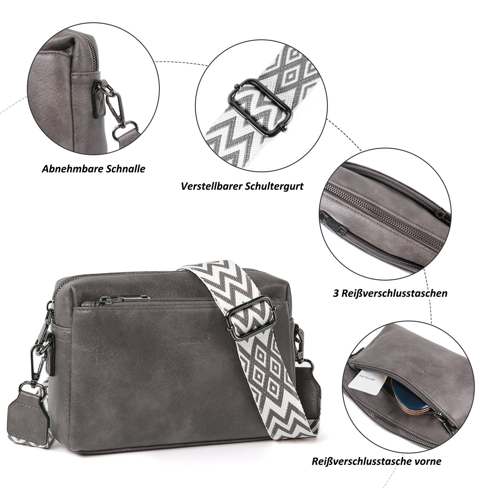 TAN.TOMI Umhängetasche Damen Handy Umhängetasche, Crossbody Schultertasche (Drei Reißverschlussfächern mit Verstellbar Abnehmbar Schultergurt), Handtasche Damen für Tägliches Arbeiten,Einkaufen,Reisen