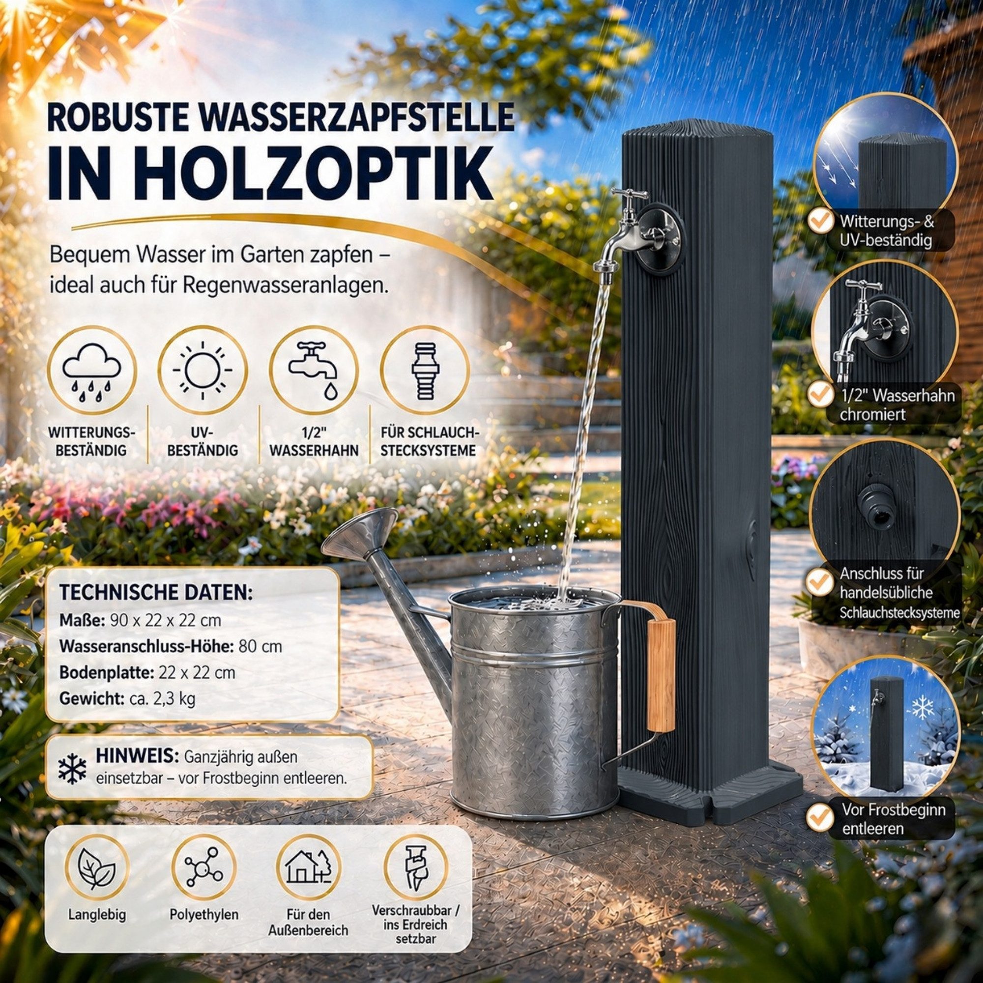 YourCasa Gartenbrunnen Timberline Wassersaüle Garten 90cm Holzoptik, Made in Europe – Bild 5 von 5