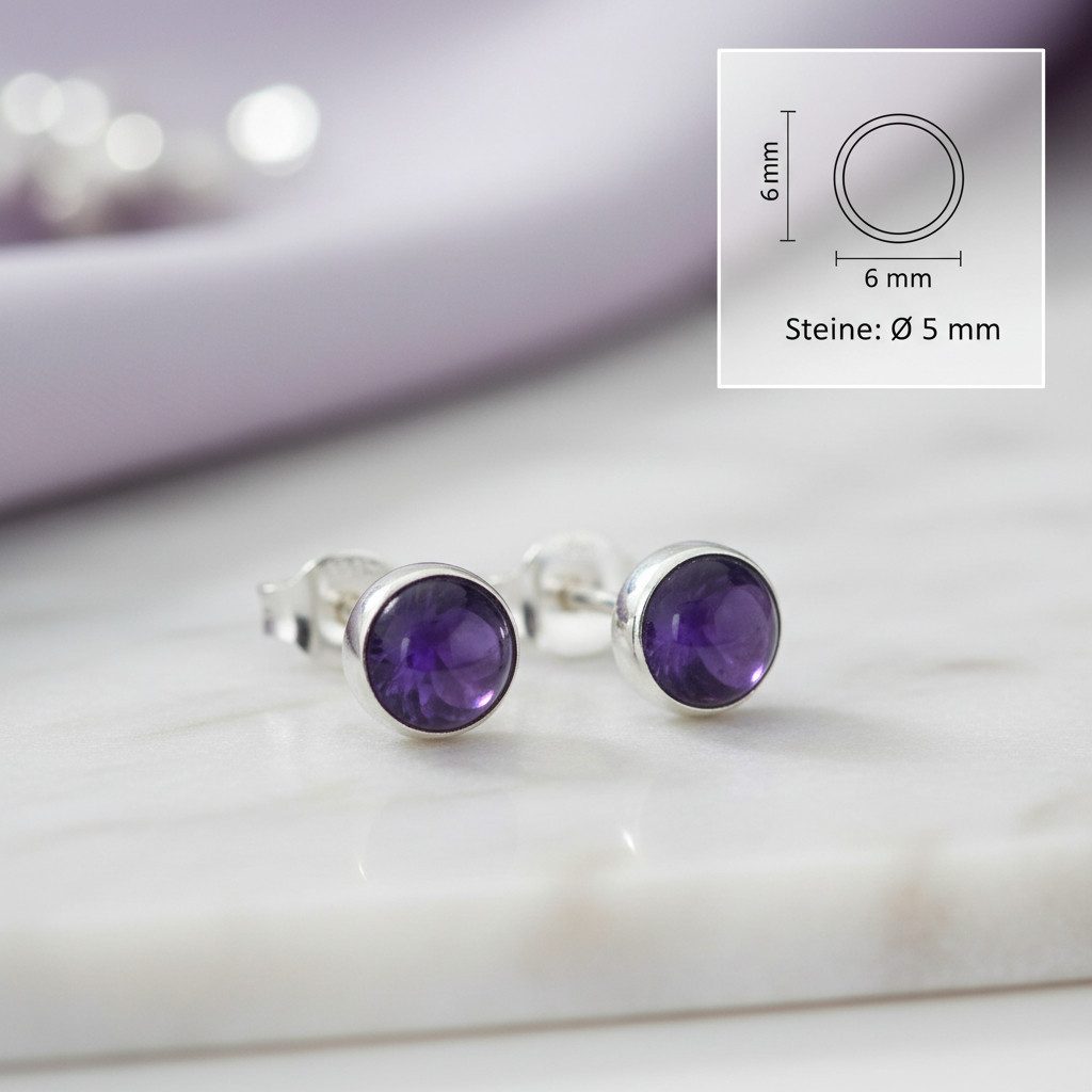 mantraroma Paar Ohrstecker SAMA rund klein aus 925 Silber mit Amethyst (Paar, Paar Ohrringe mit Schmuckbeutel), 925 Sterling Silber Ohrringe für Damen