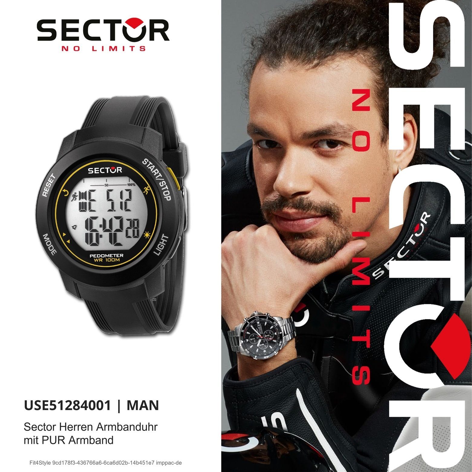 Sector Digitaluhr Sector Herren schwarz Armbanduhr (ca. groß Armbanduhr eckig, PURarmband Digital, Herren 43,5x36,5mm)