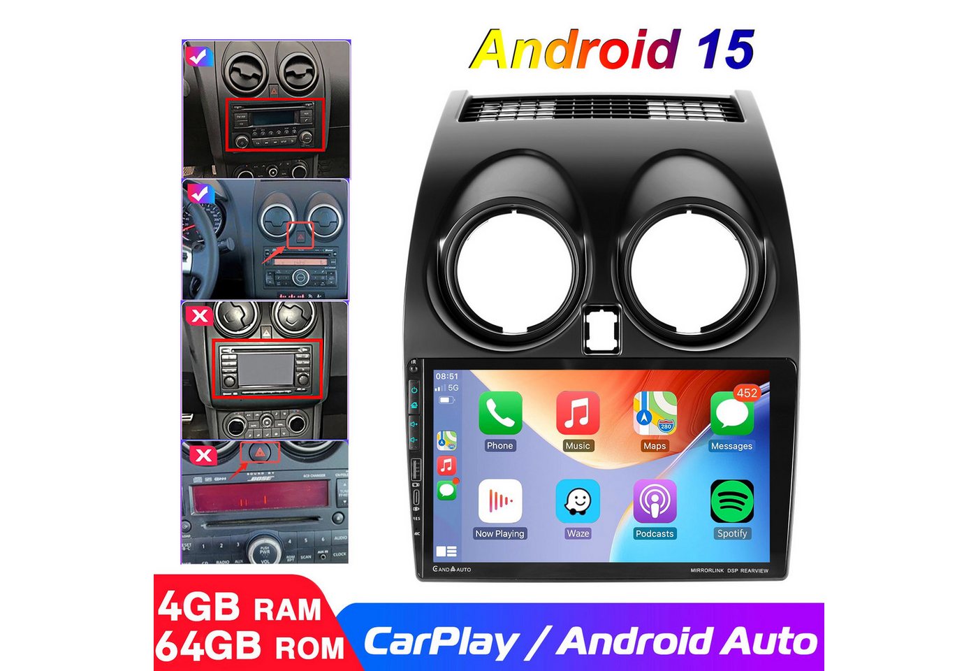 ESSGOO DAB+ Android15 Carplay GPS NAVI mit USB Für Nissan Qashqai J10 2007-15 Autoradio (RDS, 4+64GB(optional), DAB (optional), FM, DAB+ (optional), Carplay Android Auto Bluetooth EQ USB GPS Navi WIFI Touchscreen)