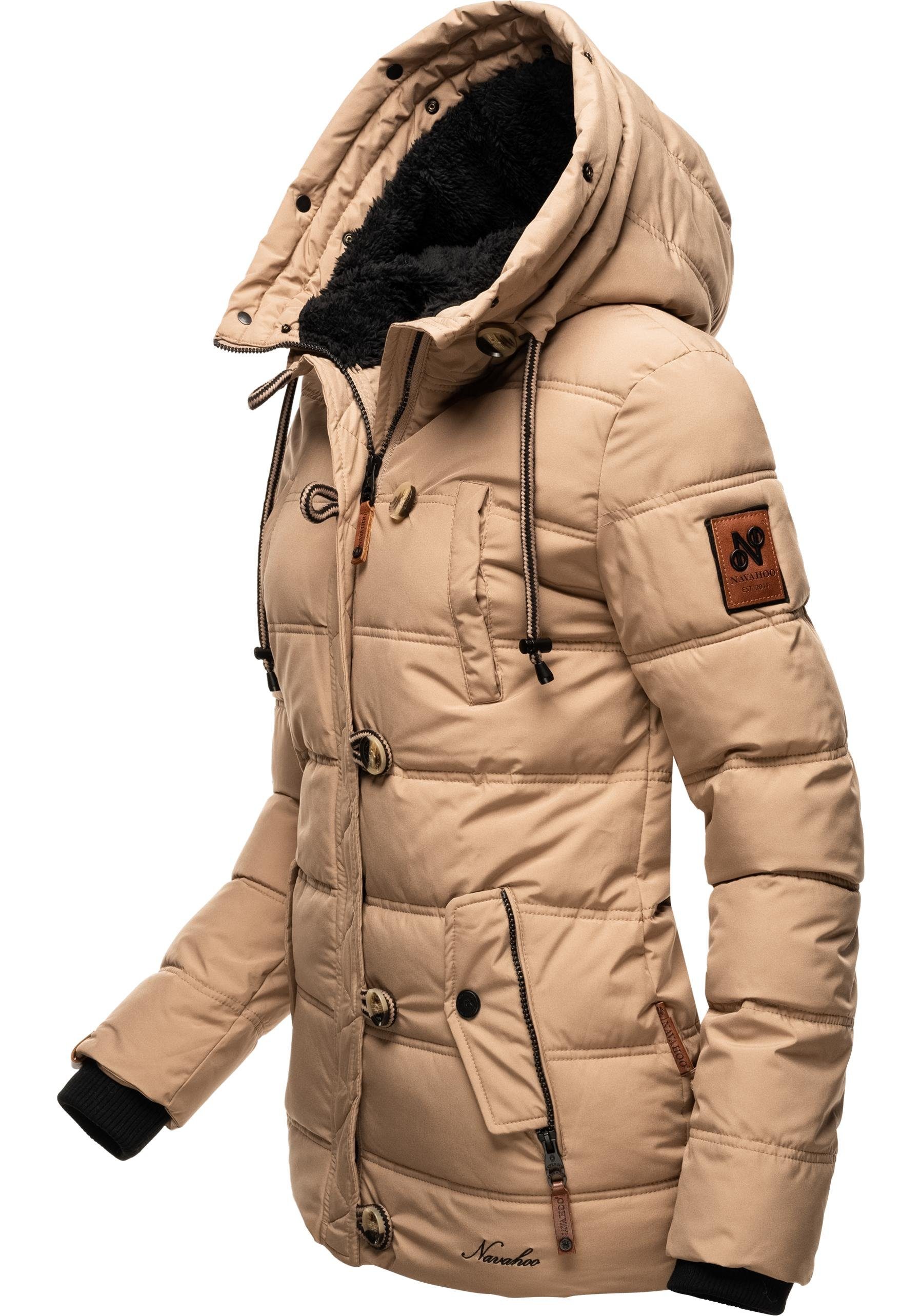 Winterjacke mit Kapuze Steppjacke Navahoo taupe stylische Zoja Kunstpelz