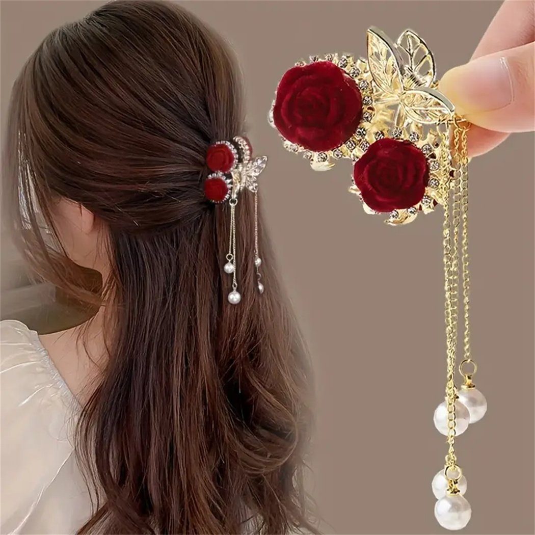 Haarspangen, Haarspange Haarschmuck Elegante 1-tlg. Rose für Frauen, Quaste Strass rote DAYUT