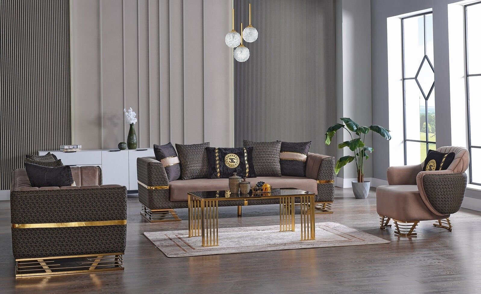 JVmoebel Wohnzimmer-Set Designer Sofagarnitur 3+3+1 Sitzer Couch Polster Sitzgarnitur Set Neu, (3-St., 2x Sofa 3 Sitzer + 1x Sessel), Made in Europa