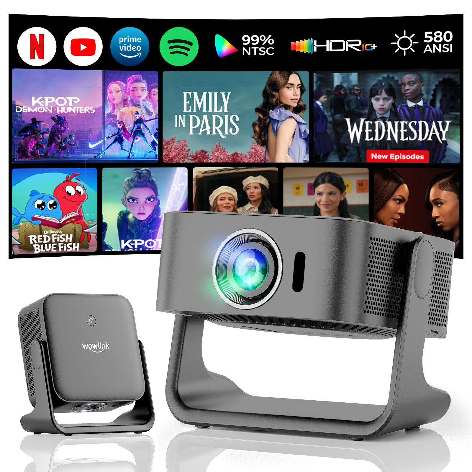 wowlink [Smart TV OS & HDR10+ & 3D Sound] 4K Beamer mit WiFi 6 Beamer (580 lm, 20000:1, 4K px, Bluetooth 5.4, Built-in Smart OS & Apps & Auto Focus & Keystone)
