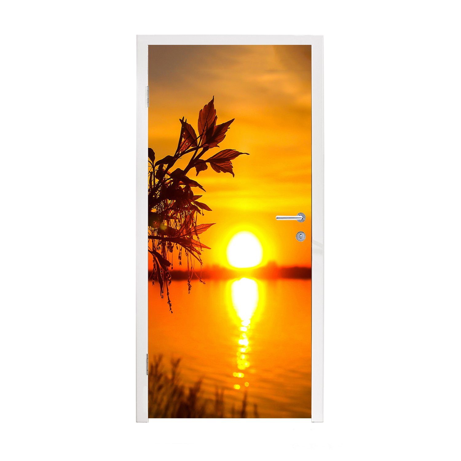 MuchoWow Türtapete Sonnenuntergang - Wasser - Pflanzen - Orange, Matt, bedruckt, (1 St), Fototapete für Tür, Türaufkleber, 75x205 cm