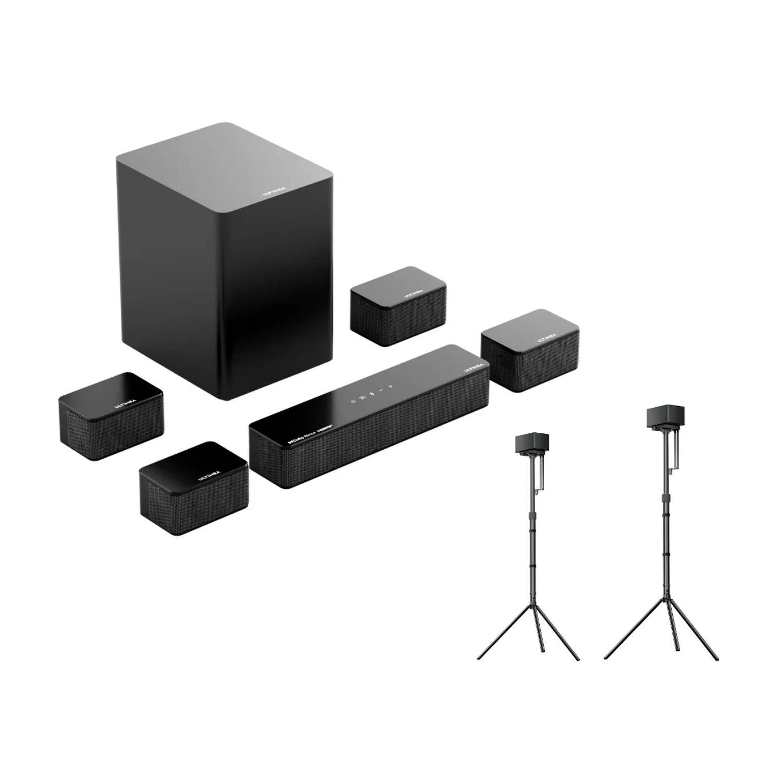Ultimea Poseidon D80 Boom + Speak Stands Soundbar 7.1 Surround Sound System für TV (Dolby Atmos, 6.5'' Wireless Subwoofer, Bluetooth5.3, 500 W, 4 kabelgebundene Surround-Lautsprecher)