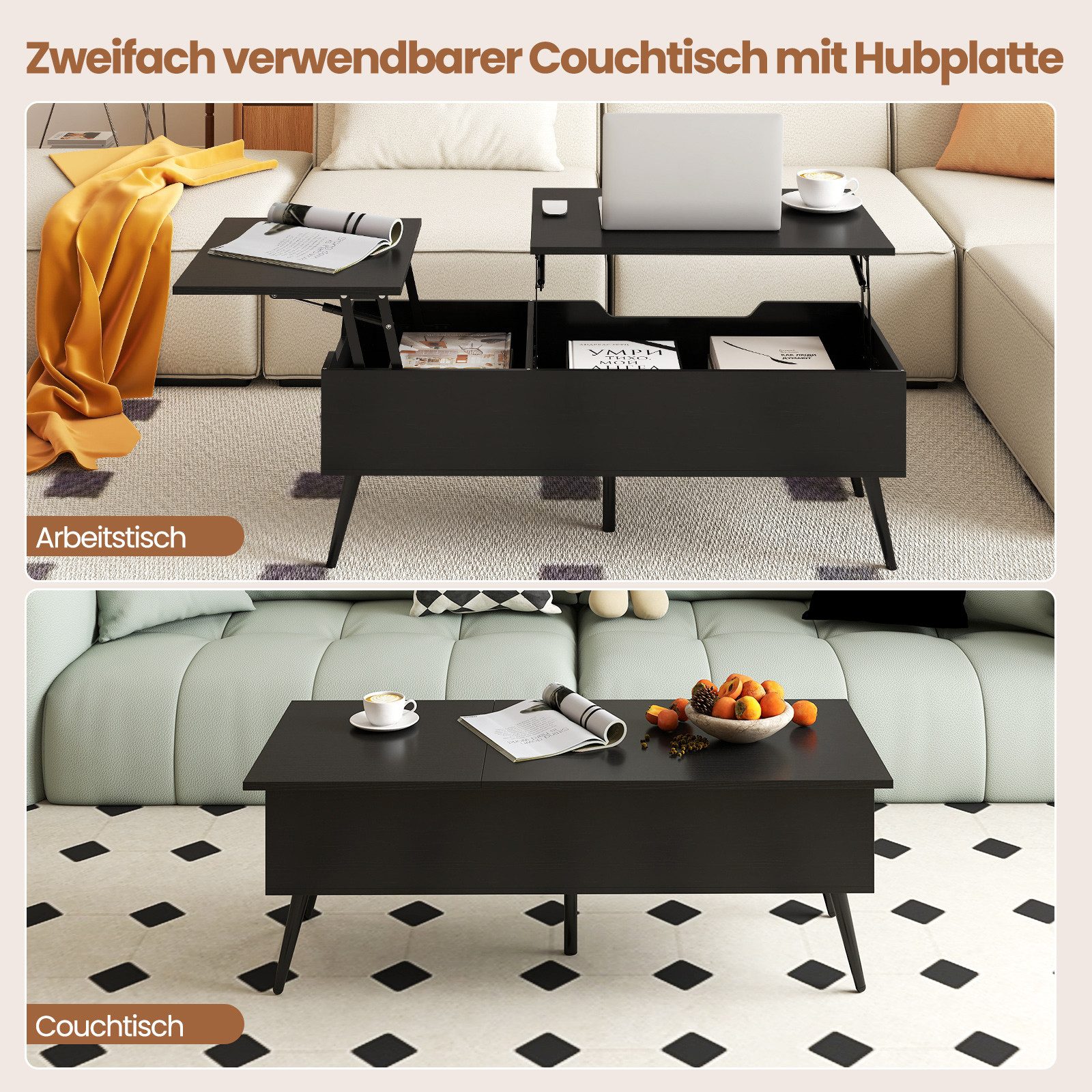 COSTWAY Couchtisch (1-St), höhenverstellbar, Wohnzimmertisch mit Stauraum, Holz