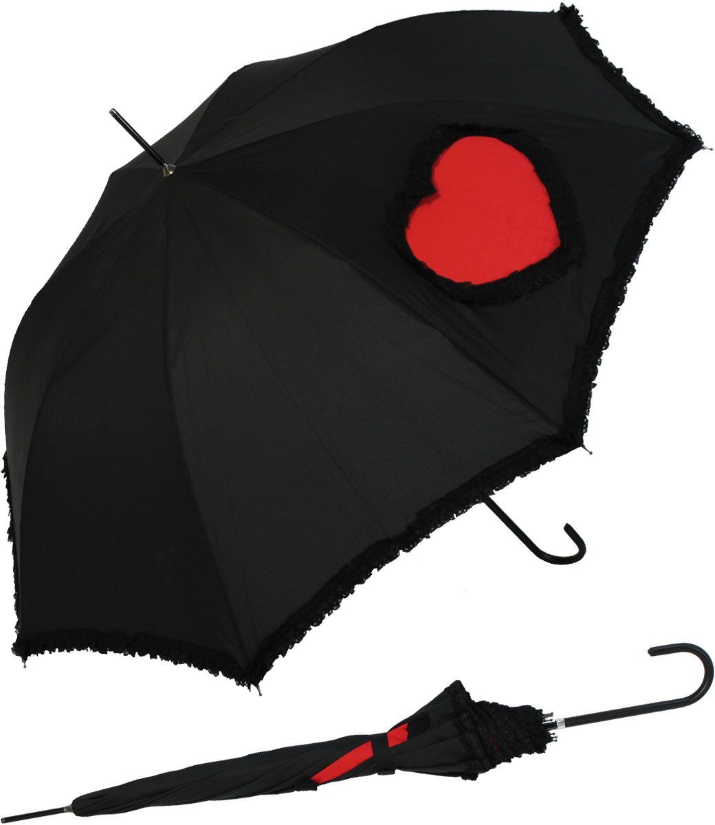 doppler® Langregenschirm mit Auf-Automatik und Rüschensaum Rüschen Heart, schwarzen von Schirmrand und umsäumt Herz 