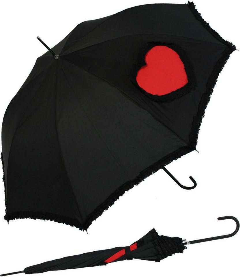 doppler® Langregenschirm mit Auf-Automatik und Rüschensaum - Heart, Herz  und Schirmrand von schwarzen Rüschen umsäumt