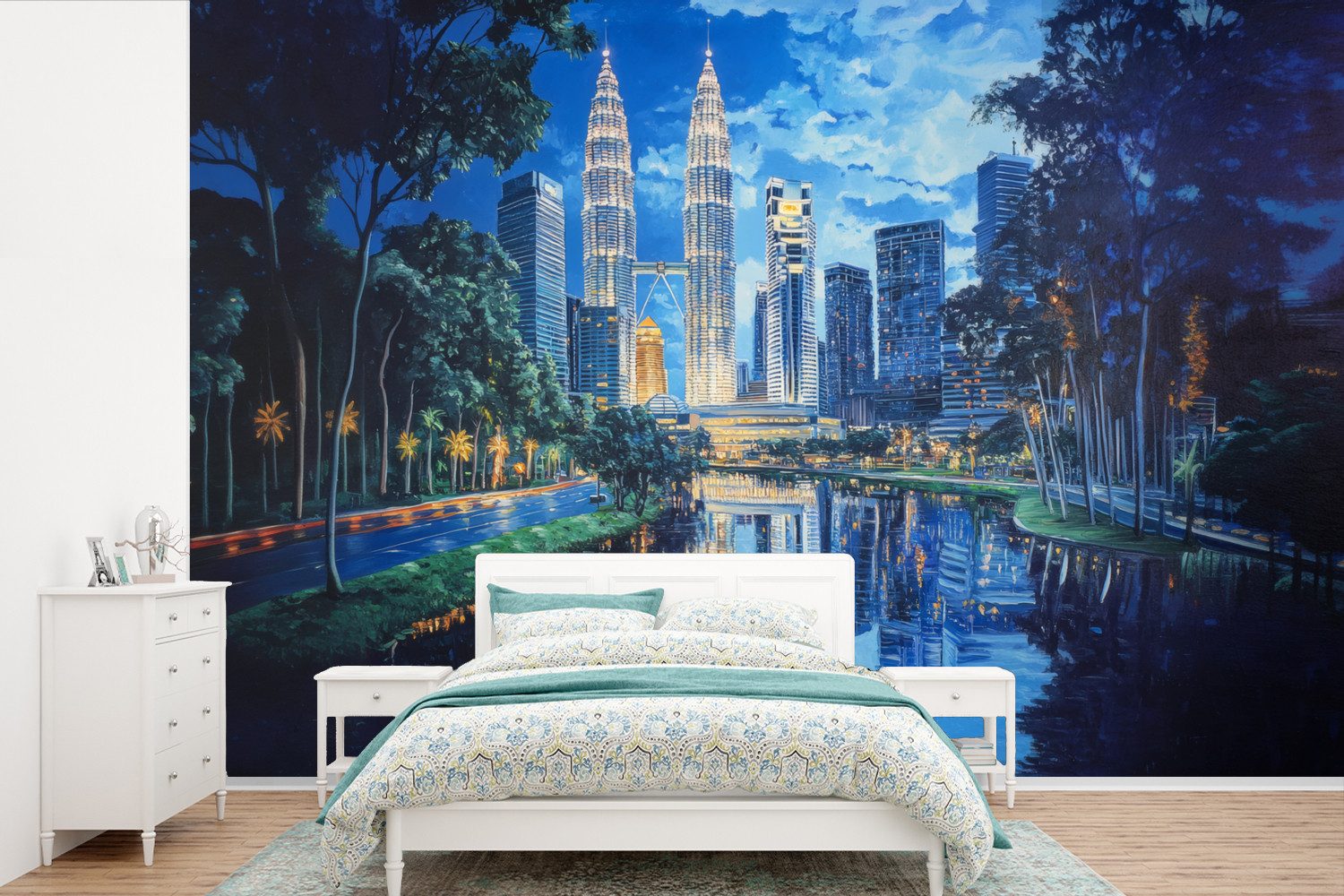 MuchoWow Fototapete Stadt Kuala Lumpur - Skyline - Wolkenkratzer - Wasser, Matt, bedruckt, Wallpaper für Wohnzimmer, Schlafzimmer, Vinyl Tapete, 420x280 cm