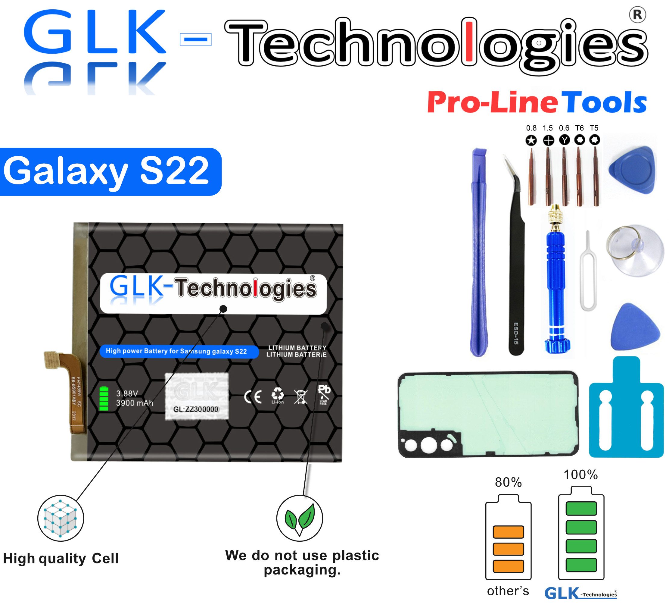 GLK-Technologies Akku für Samsung Galaxy S22 5G SM-S901 Handy-Akku 3900 mAh, Inklusive Profi Werkzeug Set