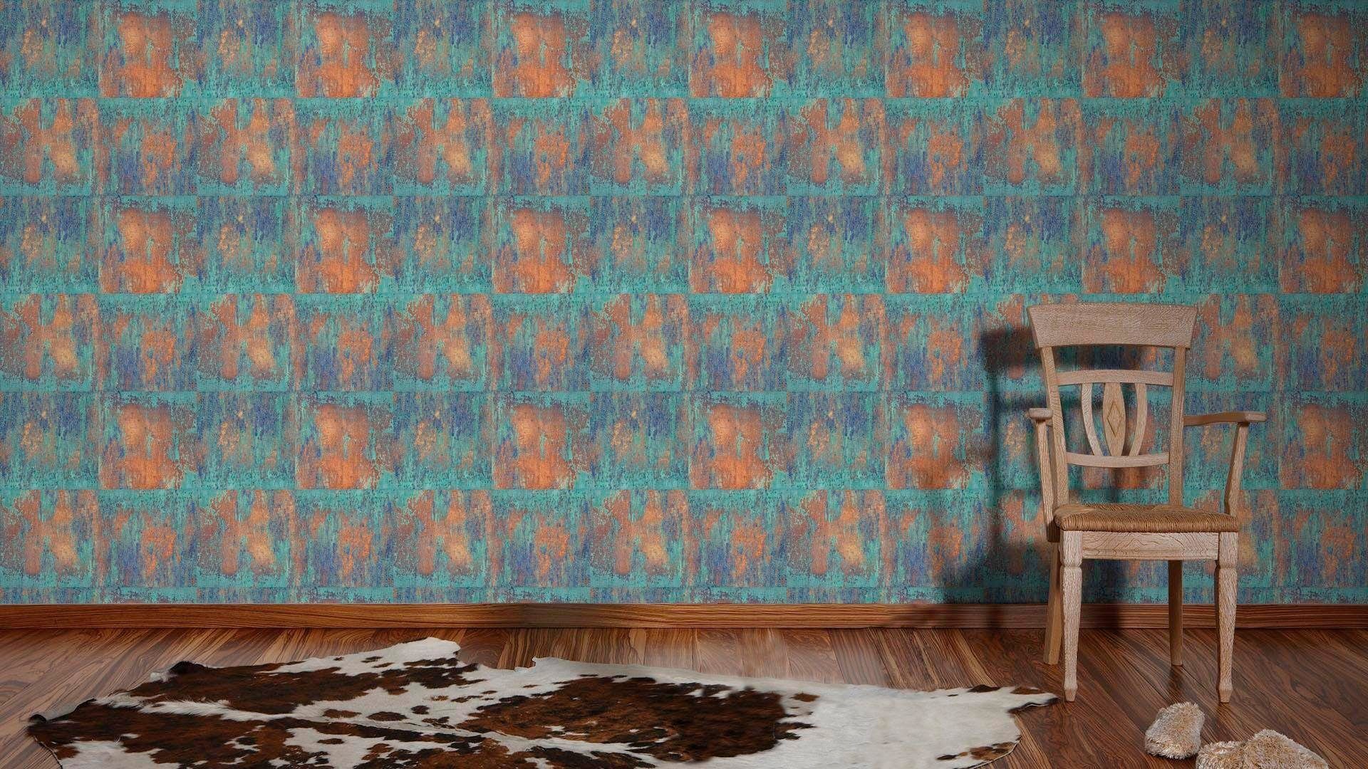 Materials, living walls Création Tapete Rost-Optik, A.S. Metallic türkis/rostbraun/blau Vliestapete Rostoptik