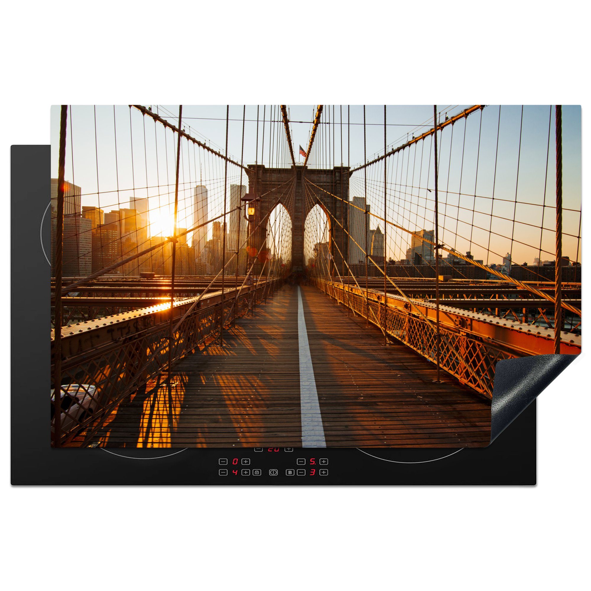 MuchoWow Herdblende-/Abdeckplatte Brooklyn Bridge in die cm, 81x52 (1 New York Schutz bei Sonnenuntergang, Induktionskochfeld Ceranfeldabdeckung tlg), Vinyl, küche, für