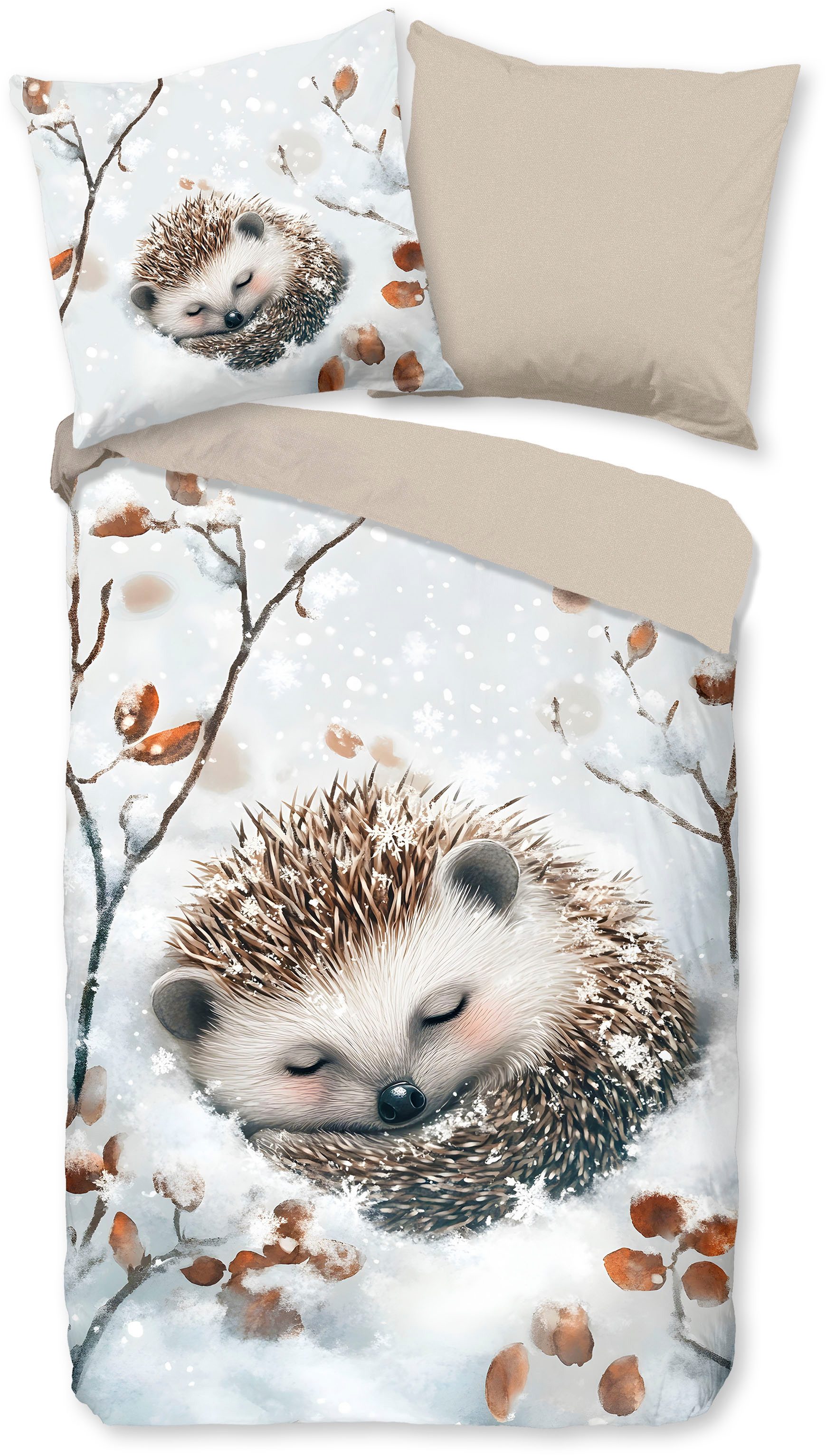 good morning Kinderbettwäsche Jussi, Biber, Flanell, 2 teilig, Flanell Biber, 135x200, Warm, Reißverschluss, Wende, Kind, Igel – Bild 2 von 5