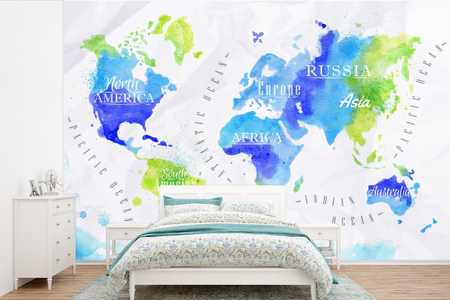 MuchoWow Fototapete Weltkarte - Aquarell - Grün - Blau, Matt, bedruckt, (6 St), Wallpaper für Wohnzimmer, Schlafzimmer, Kinderzimmer, Vinyl Tapete