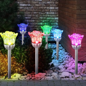 etc-shop LED Solarleuchte, LED-Leuchtmittel fest verbaut, 4er Set RGB LED Blumen Solar Rosen Leuchten Erdspieß