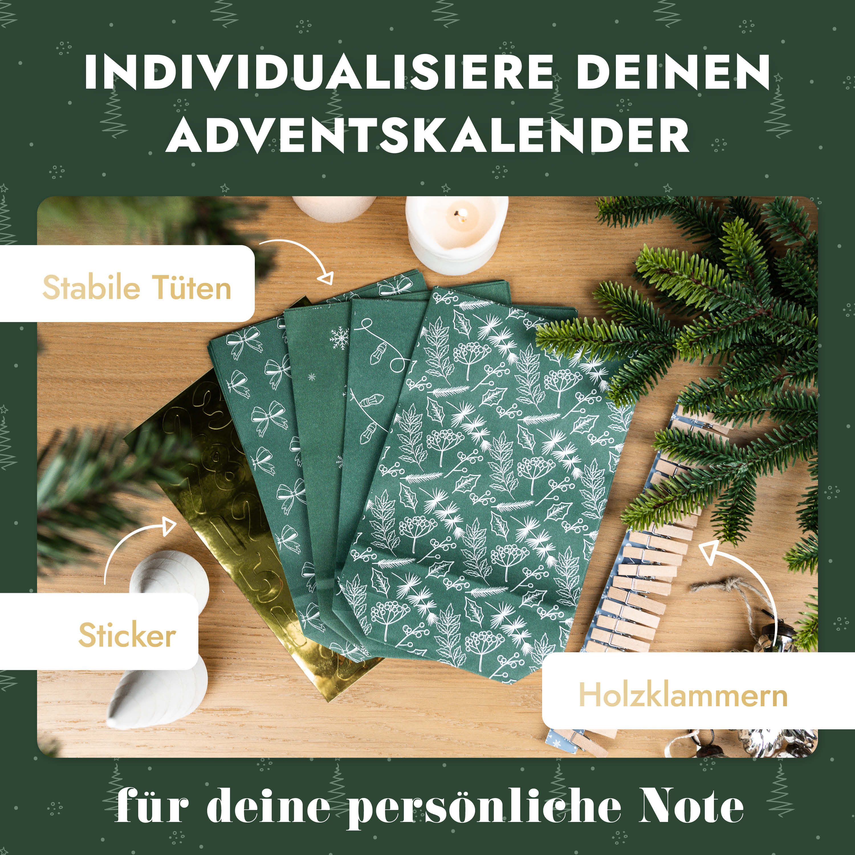 Amari befüllbarer Adventskalender Adventskalender zum Befüllen 2026, 24 Papiertüten 14×22 cm mit Zahlen (DIY Set, 72-tlg), Designs für Kinder & Erwachsene, wied – Bild 4 von 5