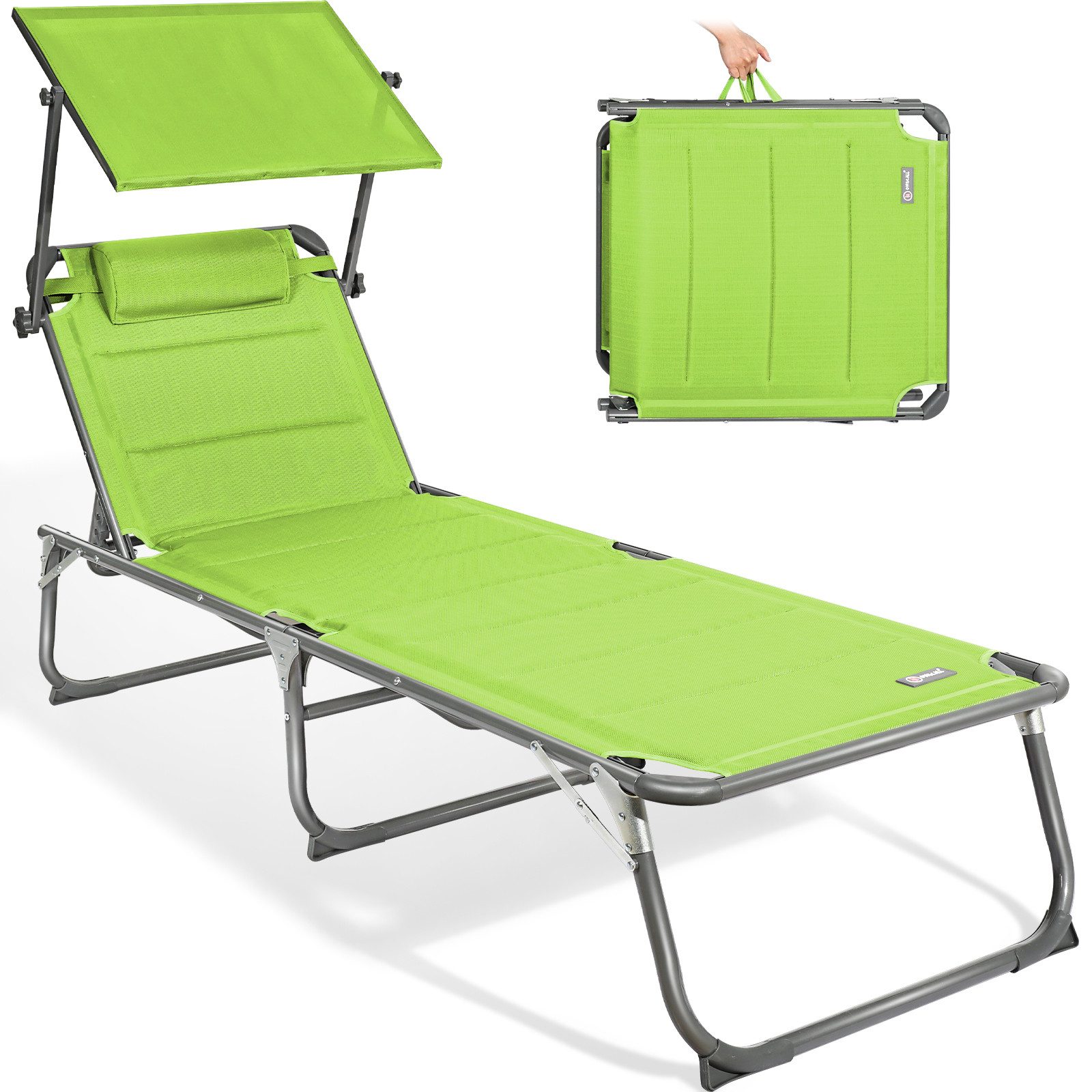 HOMECALL Gartenliege Sonnenliege AluLiege Liegestuhl Strandliege Liegen, klappbar, Textilene Mit Dickem Schwamm, Verstellbare Rückenlehne, Sonnenblende, Kopfpolster, bis 180KG