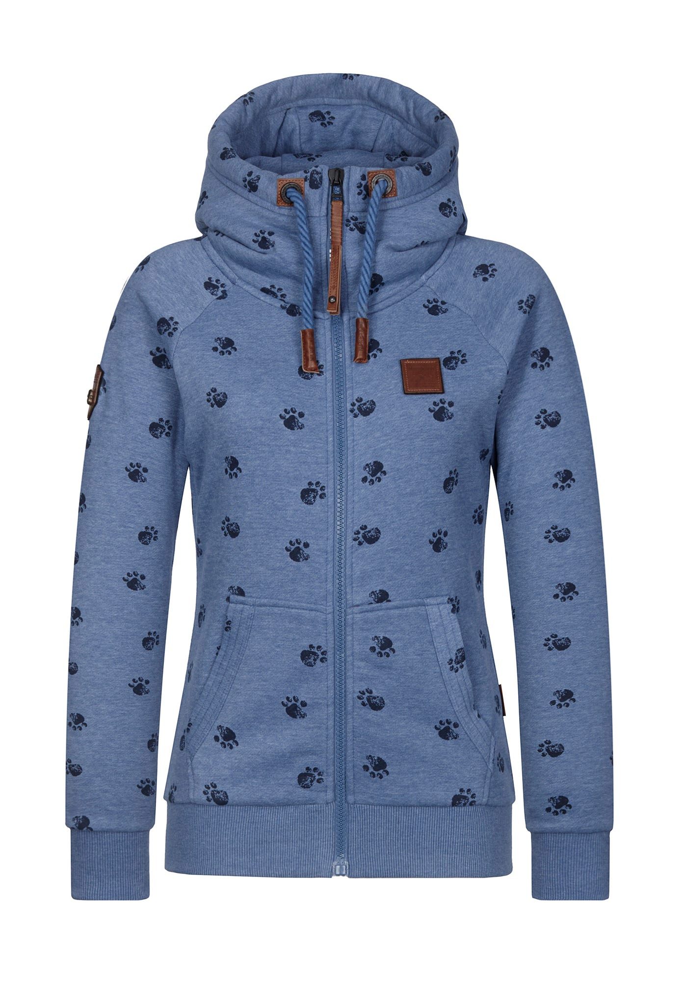 naketano Sweatjacke Damen mit Kapuze, Kängurutasche, tailliert, melierte Sweatware, Raglan Kordelzug, Rippbündchen, Kunstleder-Logo, casual, Streetwear, Langarm