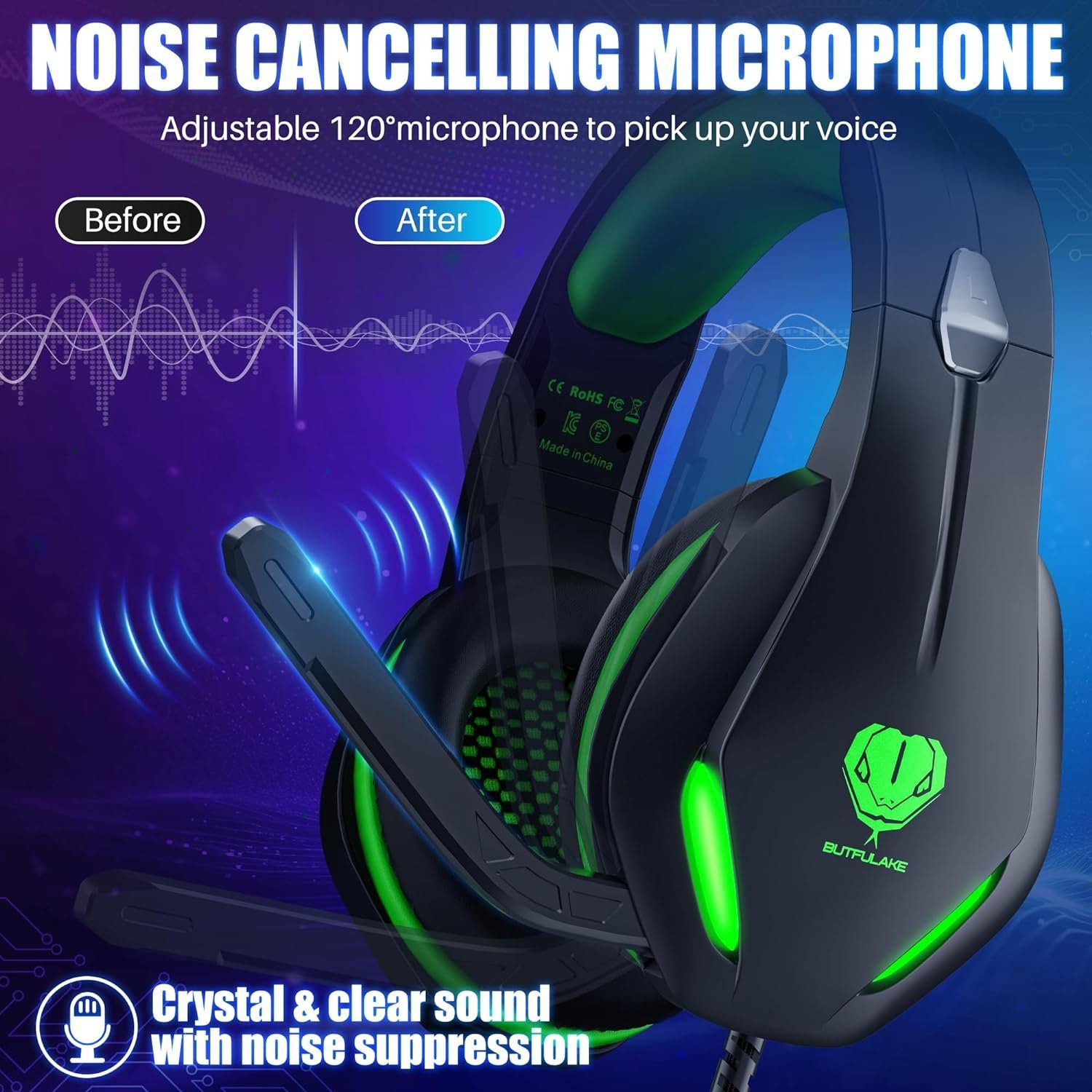 (Over-Ear-Gaming-Headset mit Stynice – Gaming-Headset Headset und 3,5-mm-Klinken-Surround-Sound- GH-2 Licht Mikrofon Gaming-Kopfhörer) LED Geräuschunterdrückung,