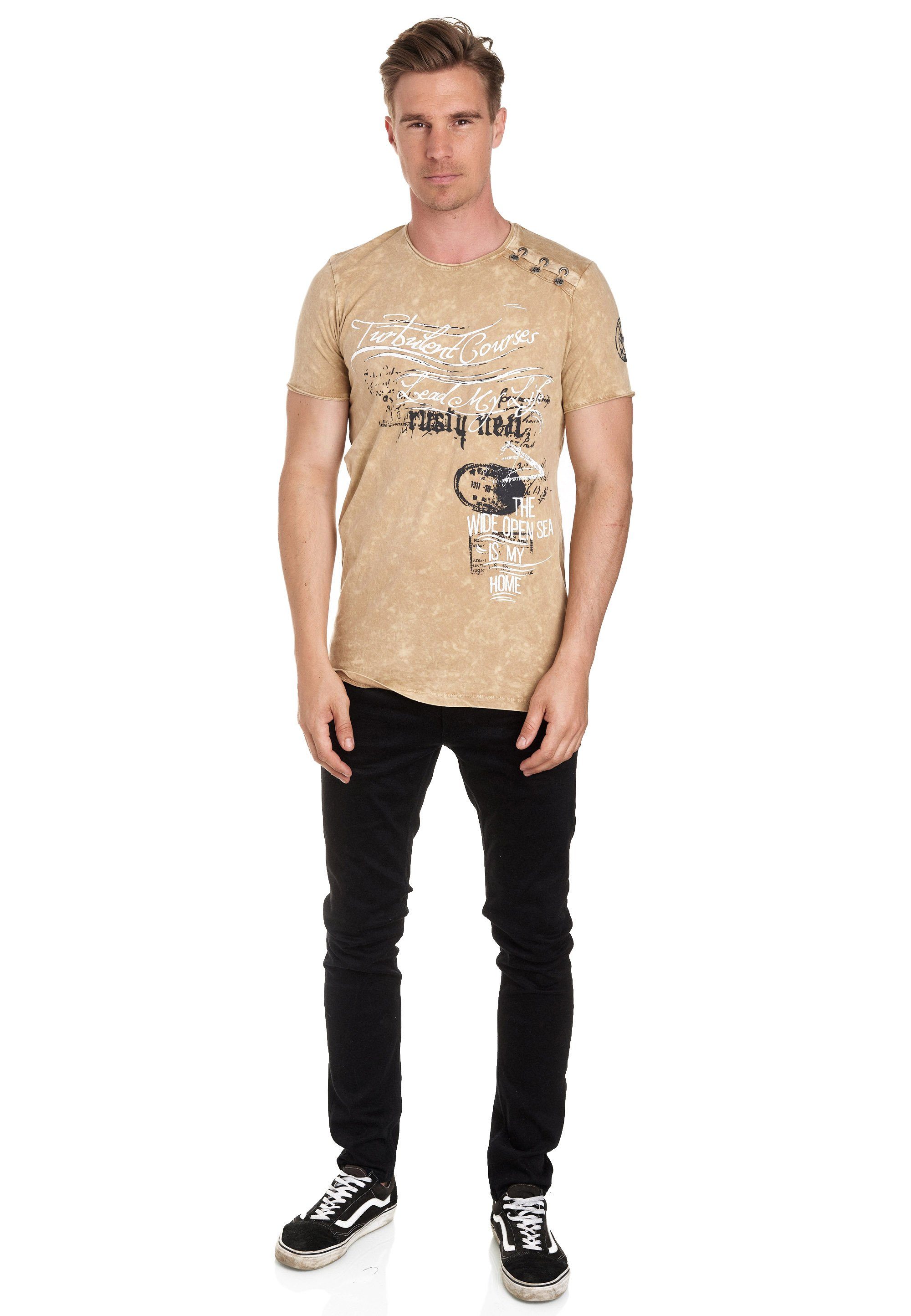 Rusty Neal T-Shirt in tollem Vintage-Look camelfarben