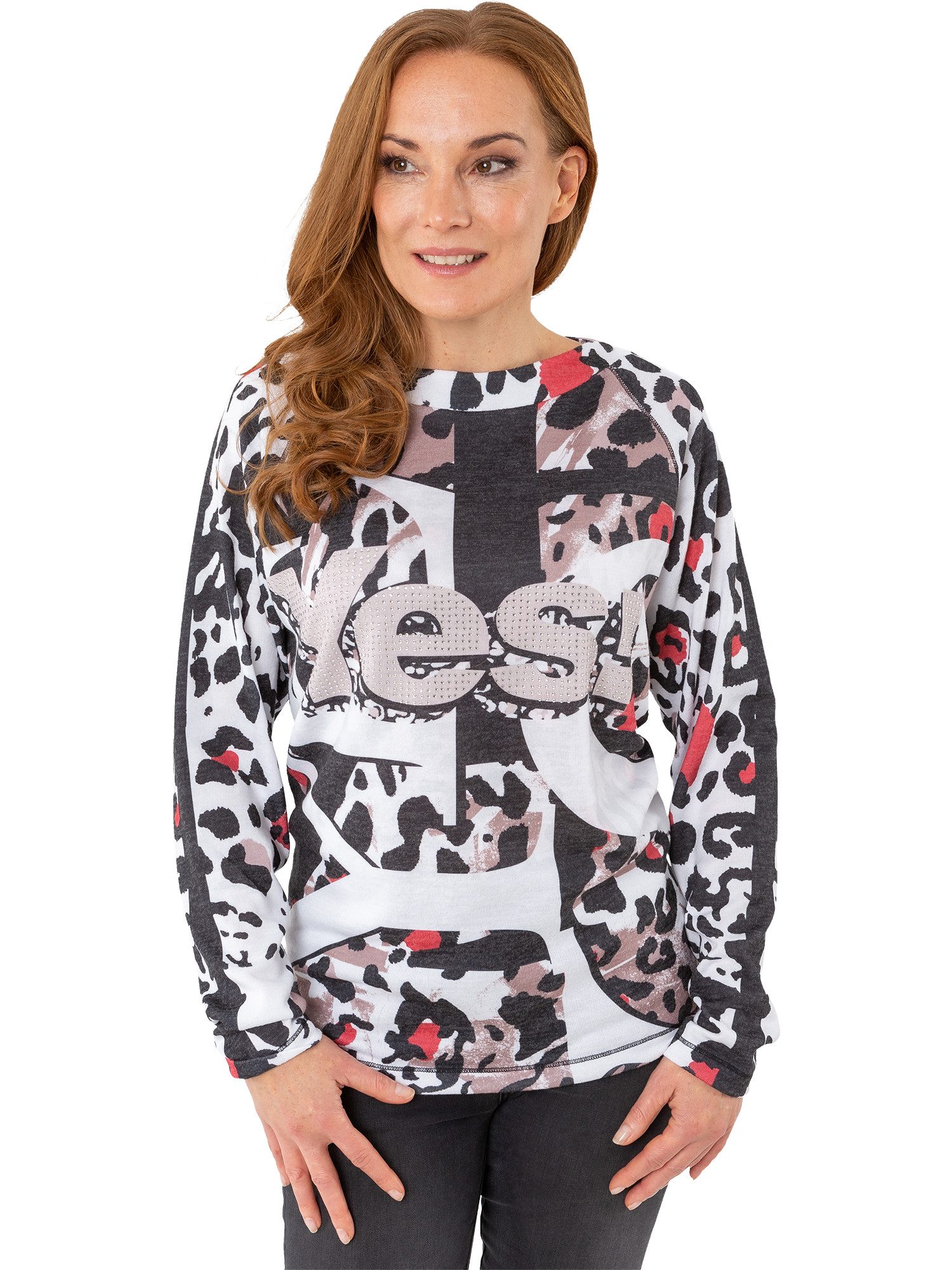 Estefania for woman Rundhalspullover 196-7650, "yes" mit Strassbesatz verspielter Animalprint