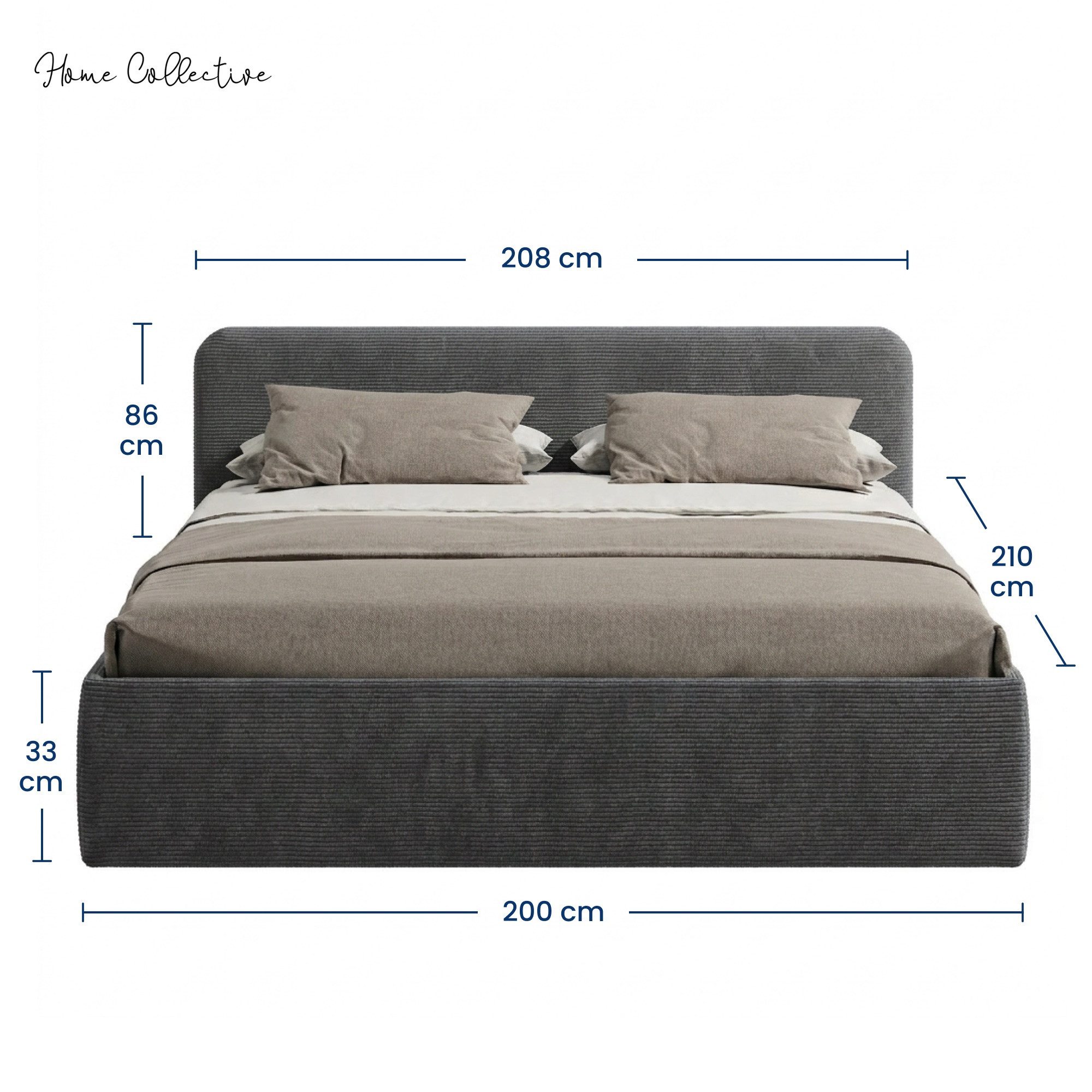 Home Collective Polsterbett Bett mit Stauraum, verstellbarem Lattenrost, viele Größen (Größen: 100x200 120x200 140x200 160x200 180x200 200x200, hochwertiger Kordstoff, made in Germany), wählbare Matratze Federkern oder Kaltschaum, Anthrazit