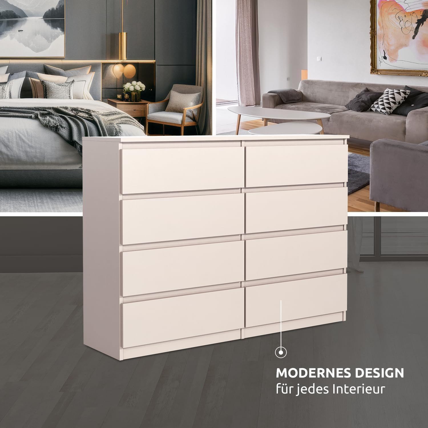 MAGOWA Schubkastenkommode Kommode 140 cm – moderne Kommode mit 8 Schubladen mit extra Stauraum (Vielseitig einsetzbar), Breite 138,5 cm - Höhe 101,5 cm - Tiefe 39 cm