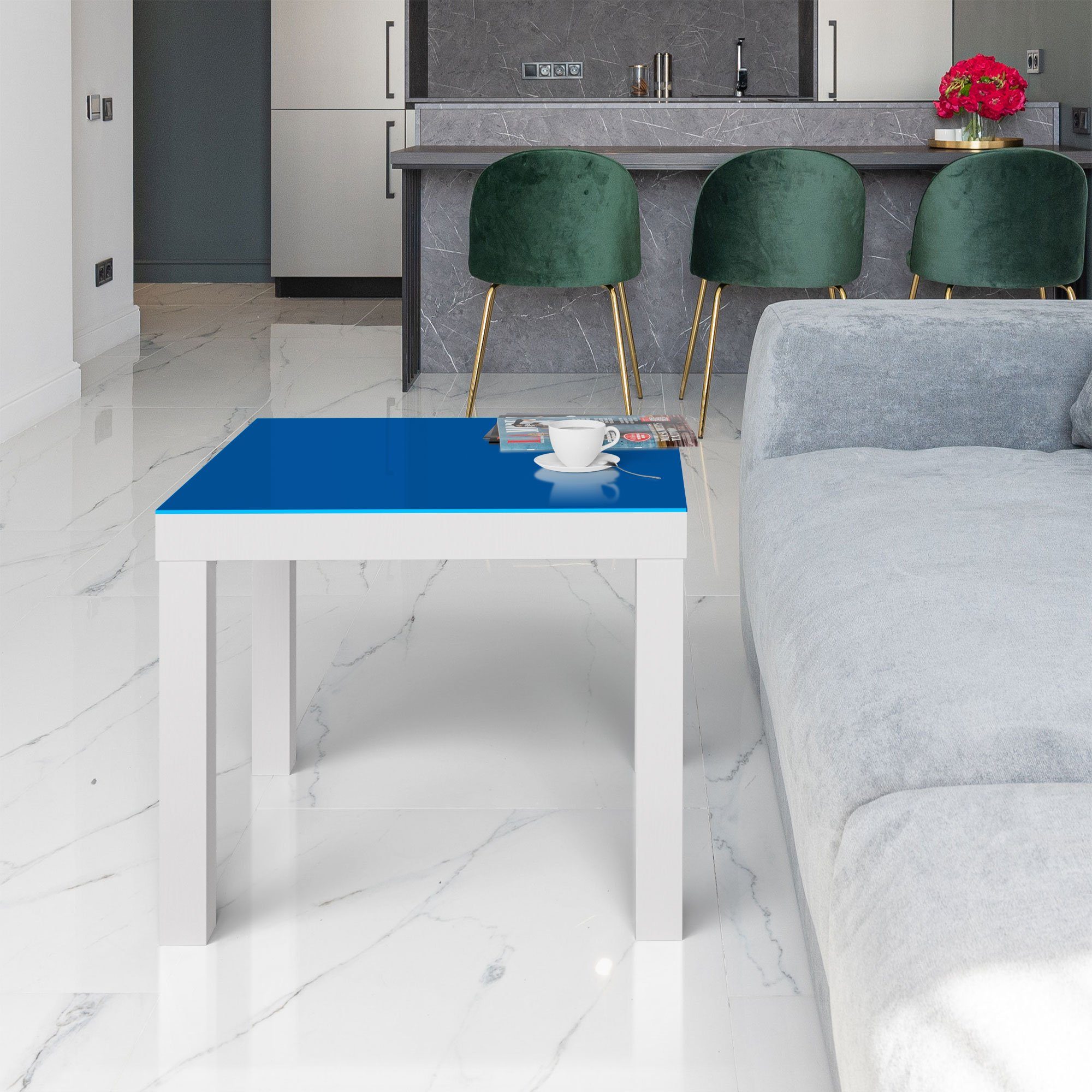 DEQORI Glas Beistelltisch Glastisch - Weiß Mittelblau', 'Unifarben modern Couchtisch
