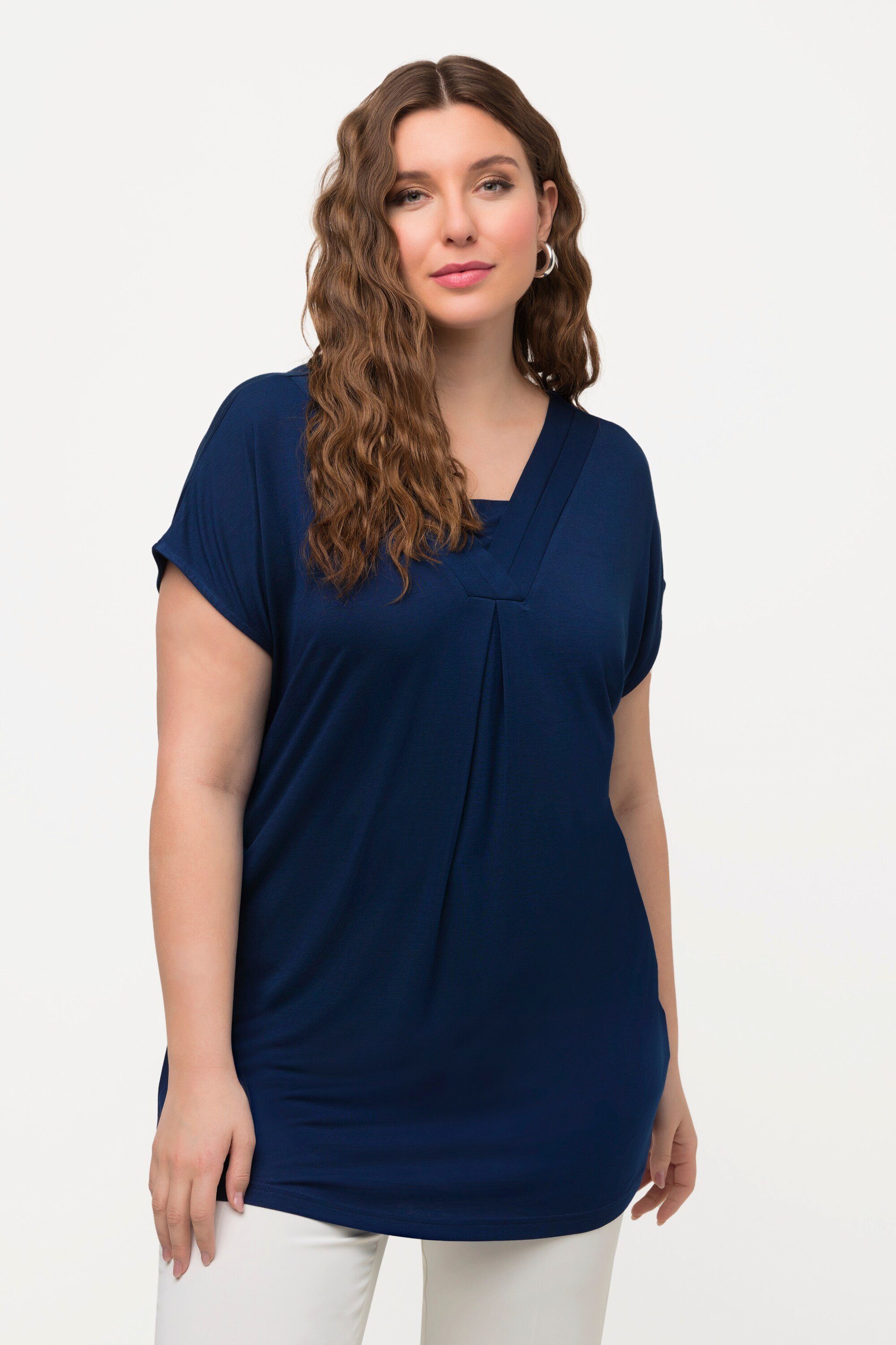 Ulla Popken Rundhalsshirt T-Shirt Zierfalte Oversized V-Ausschnitt Halbarm