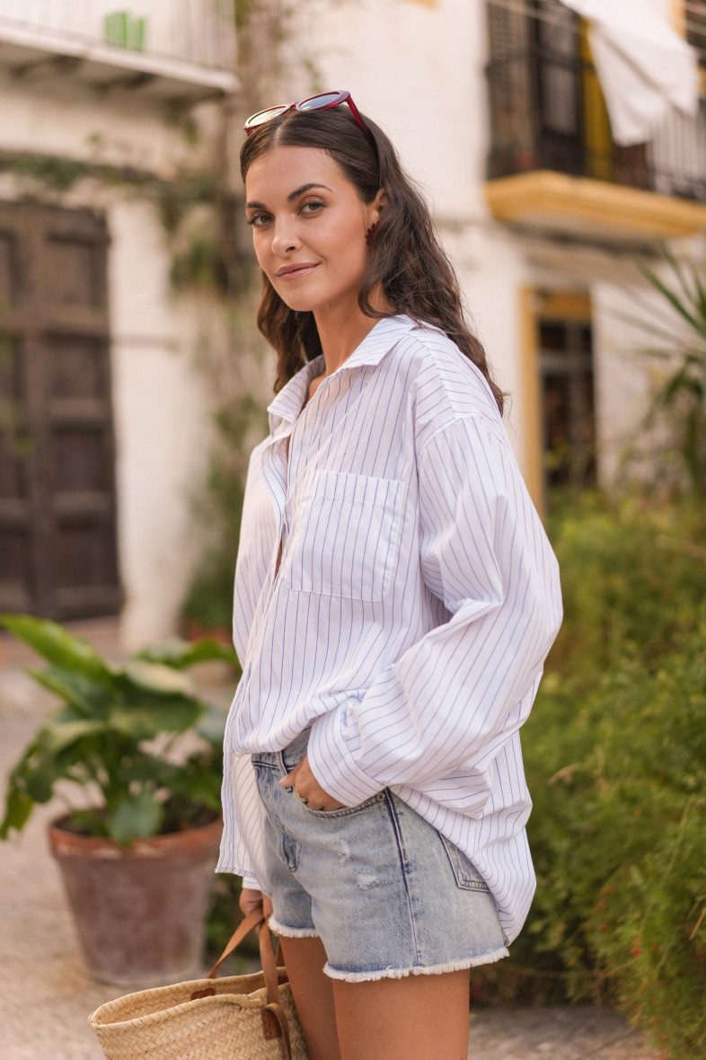 Charis Moda Hemdbluse Bluse Streifen Oversize Baumwollhemd