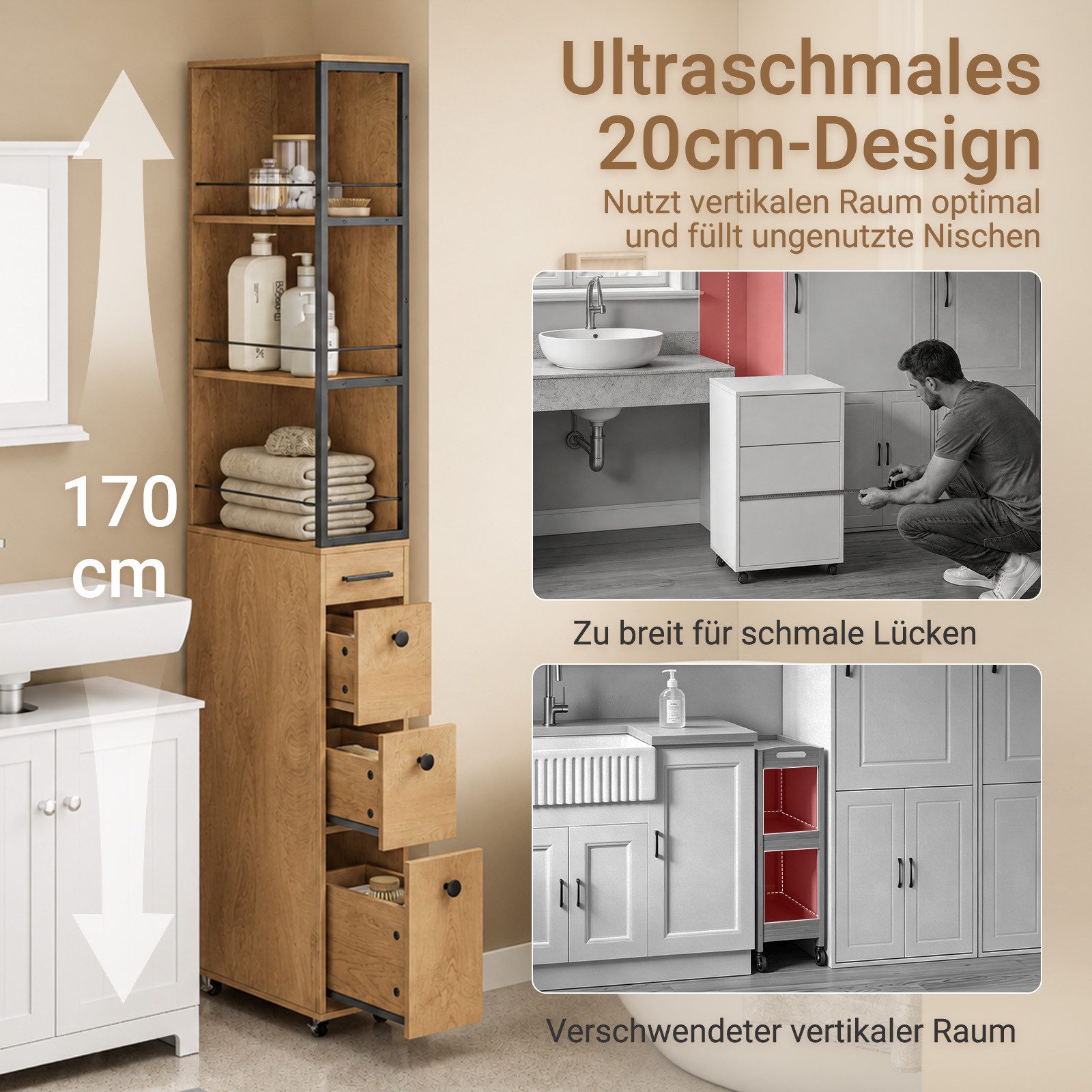 SoBuy Hochschrank NSR13, Küchenwagen, Badschrank, Nischenwagen schmal 20 cm, auf Rollen Apothekerschrank mit 3 Schubladen, 3 Ablagen für kleine Küchen, Bad – Bild 5 von 5