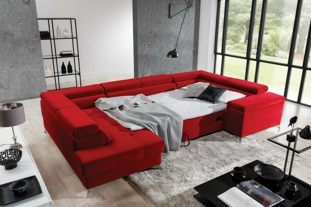 Ecksofa, Couch U-Form Schlafsofa Rot Ecksofa Design JVmoebel Polster Bettfunktion Sofa